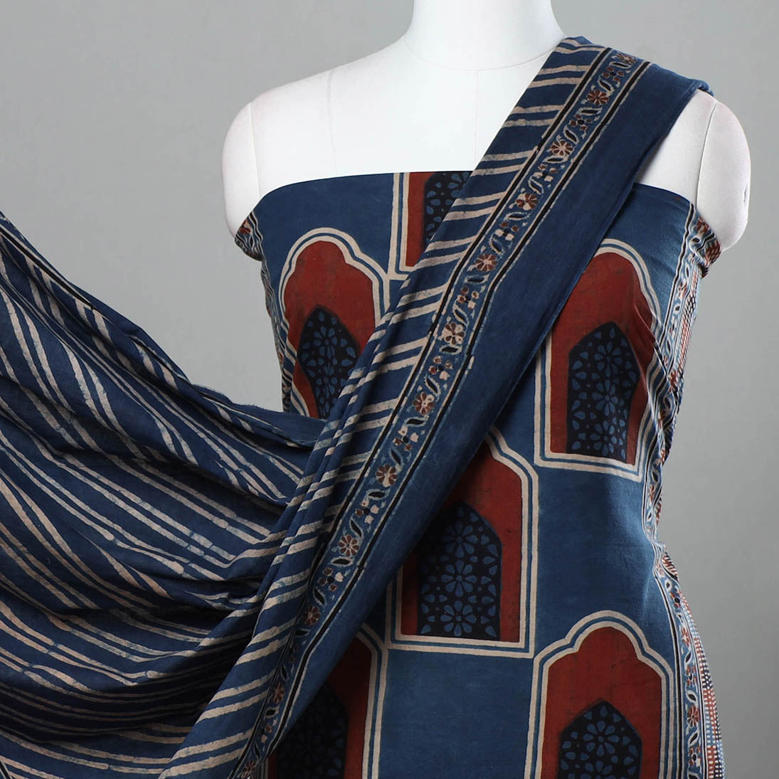 KACHCHH JI CHHAAP Blue - 3pc Ajrakh Hand Block Printed Cotton Suit Material Set - view 3