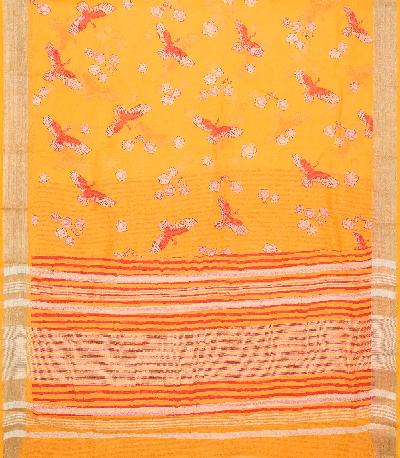 RmKV Orange Handloom Linen Saree With Printed Bird Motifs - view 2
