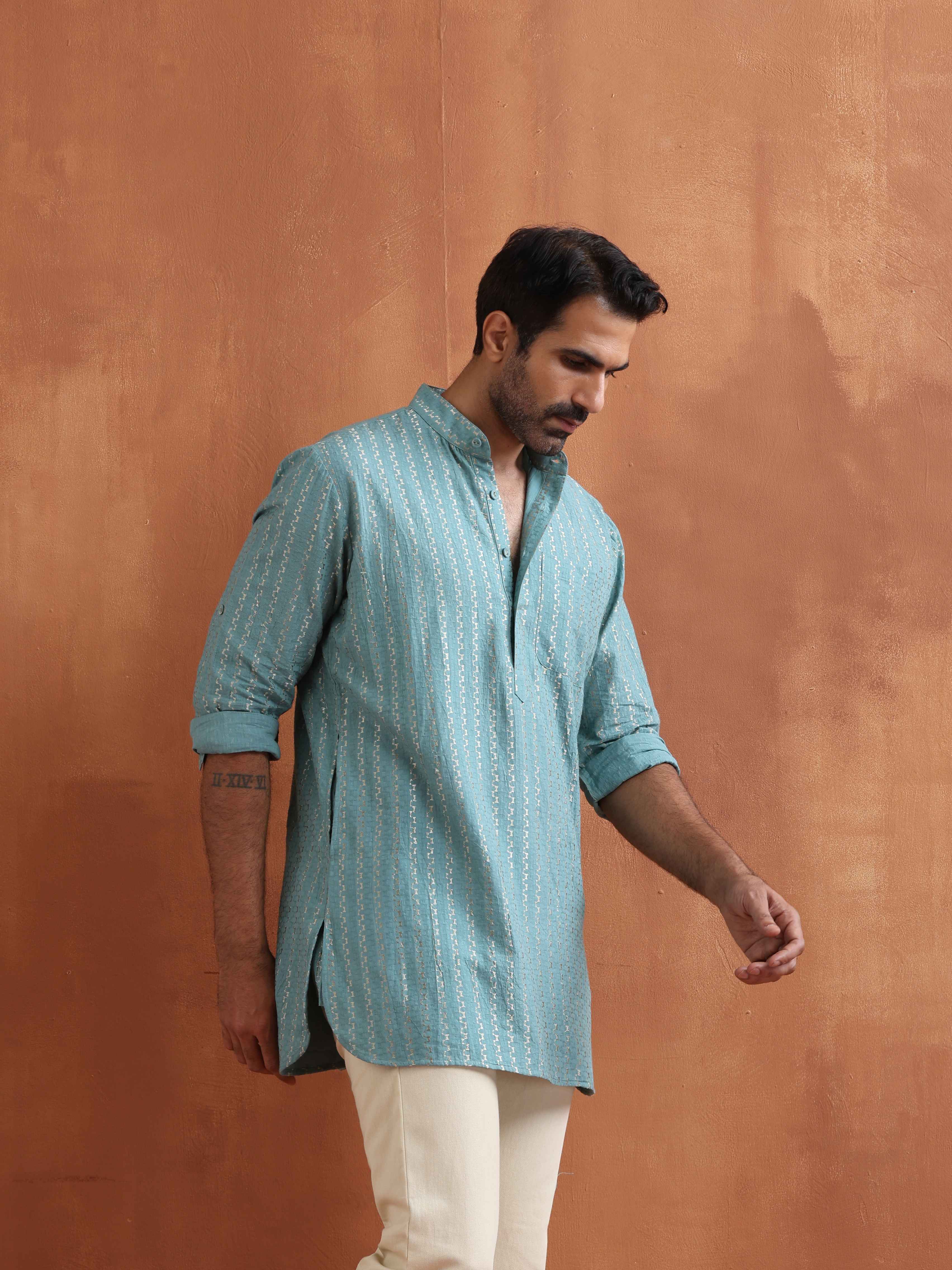 trueBrowns Men's Green Cotton Dobby Short Kurta - view 2