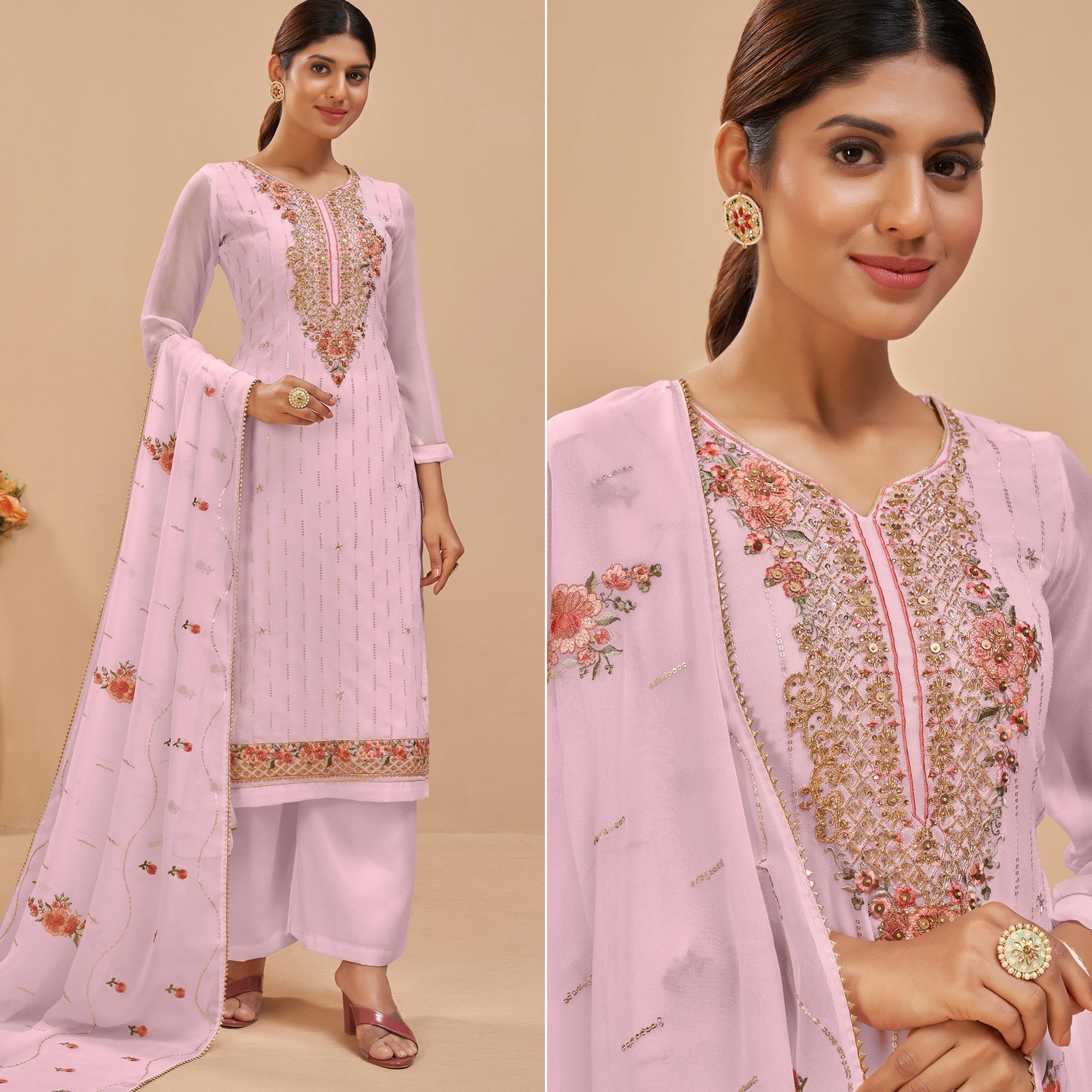 Peachmode Light Pink Party Wear Embroidered Georgette Suit
