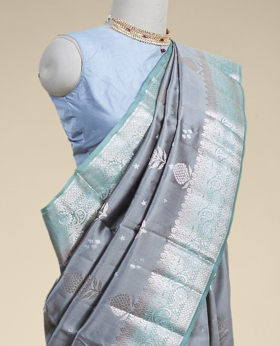 Pothys Gery floral motifs dupion silk saree with contrast intricate zari border