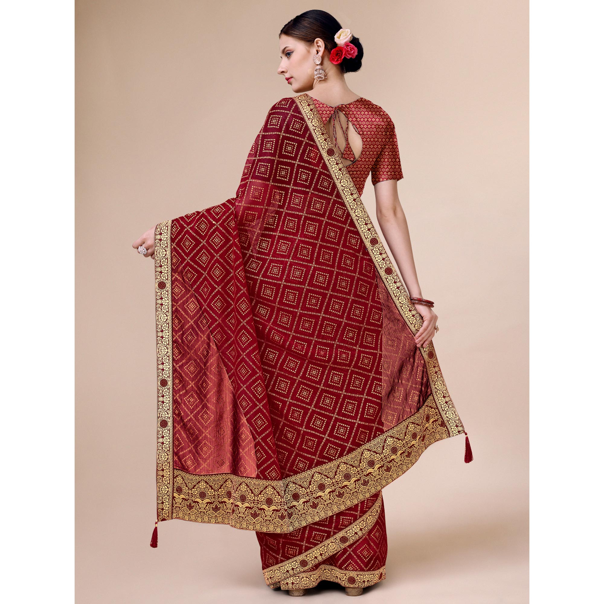 Peachmode Maroon Bandhani Foil Printed Chiffon Saree With Tassels - view 6