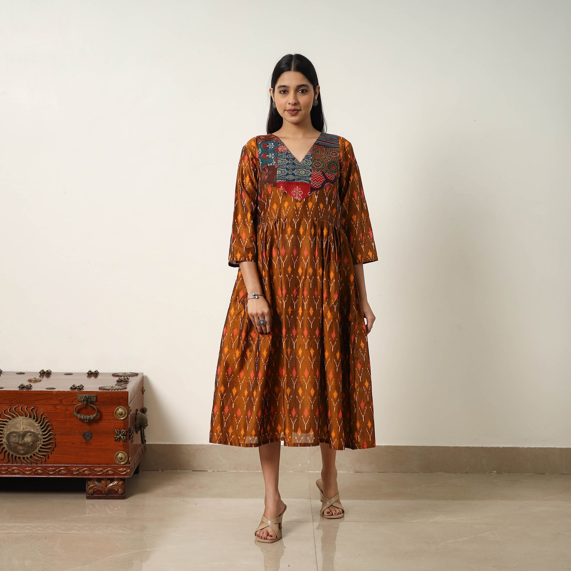 ITOKRI CASUALS Brown - Mercerized Cotton Flared Pochampally Ikat Dress 04 - view 2
