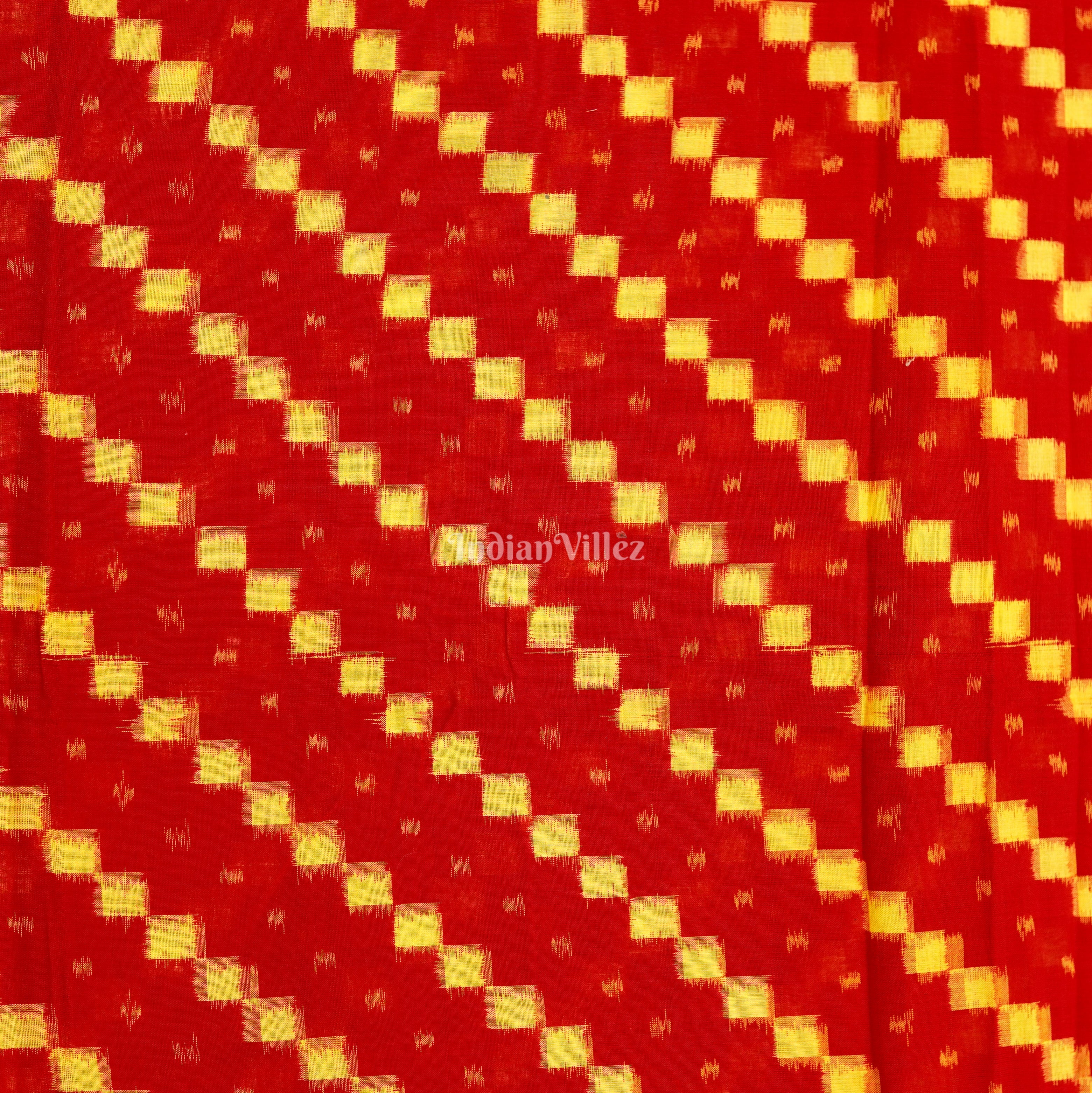 IndianVillèz Red With Yellow Squre Design Sambalpuri Ikat Cotton Fabric - view 2