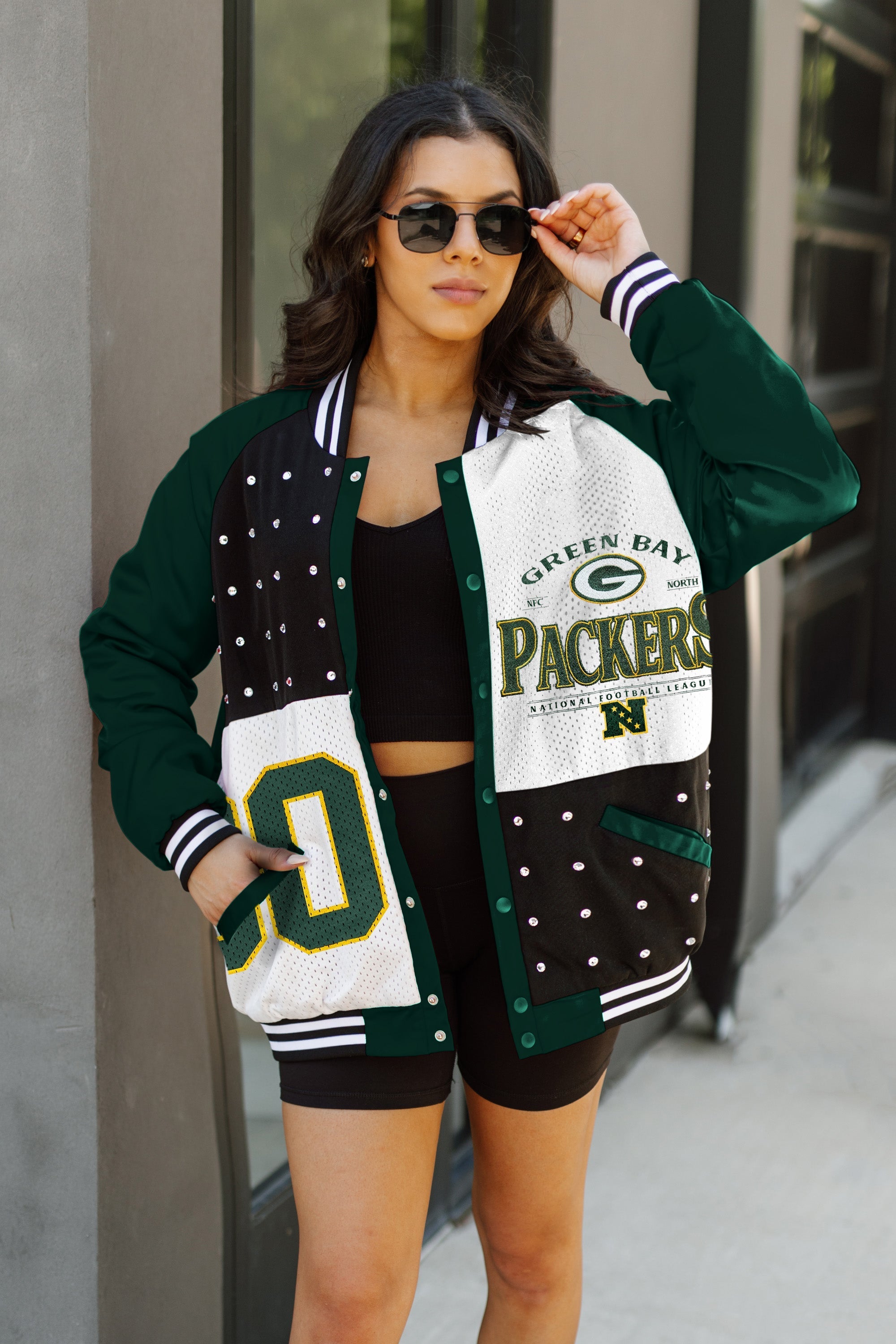 GC X NFL Green Bay Packers Hot Shot Mixed Media Throwback Varsity Bomber Jacket With Rhinestone Inserts - view 2