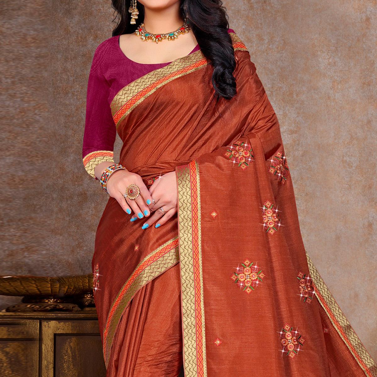 Peachmode Brown Embroidered Vichitra Silk Saree - view 2