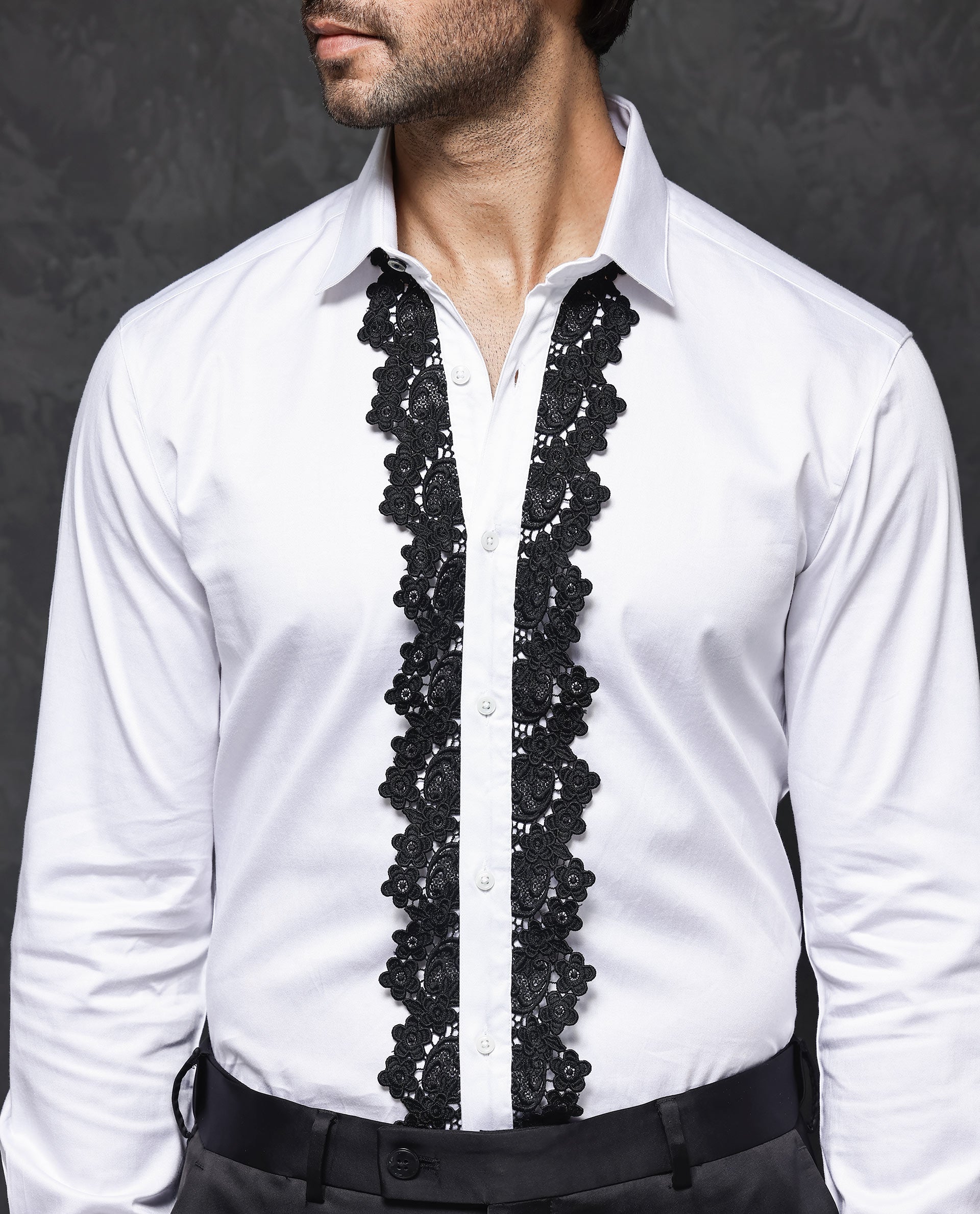 Rare Rabbit Men's Tapeon White Collared Neck Solid Lace Embellished Regular Fit Shirt - view 5