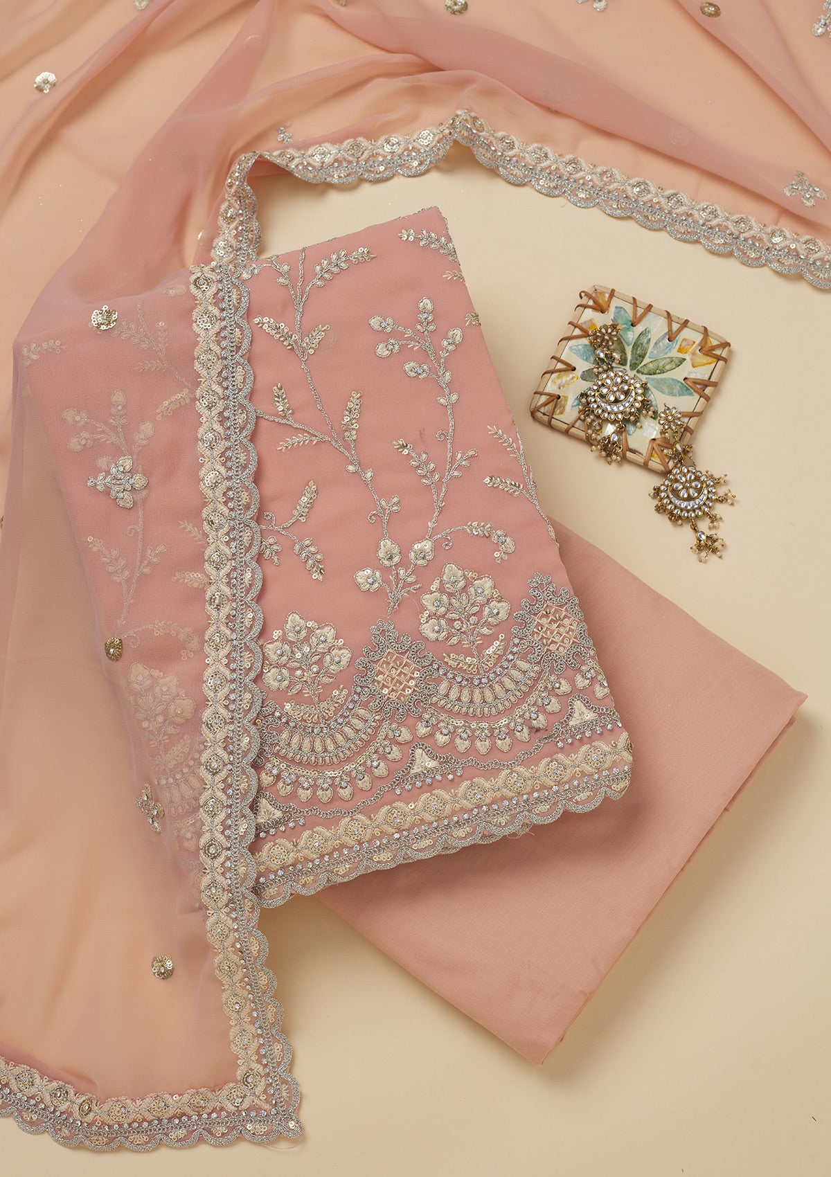 Koskii Peach Threadwork Georgette Unstitched Salwar Suit
