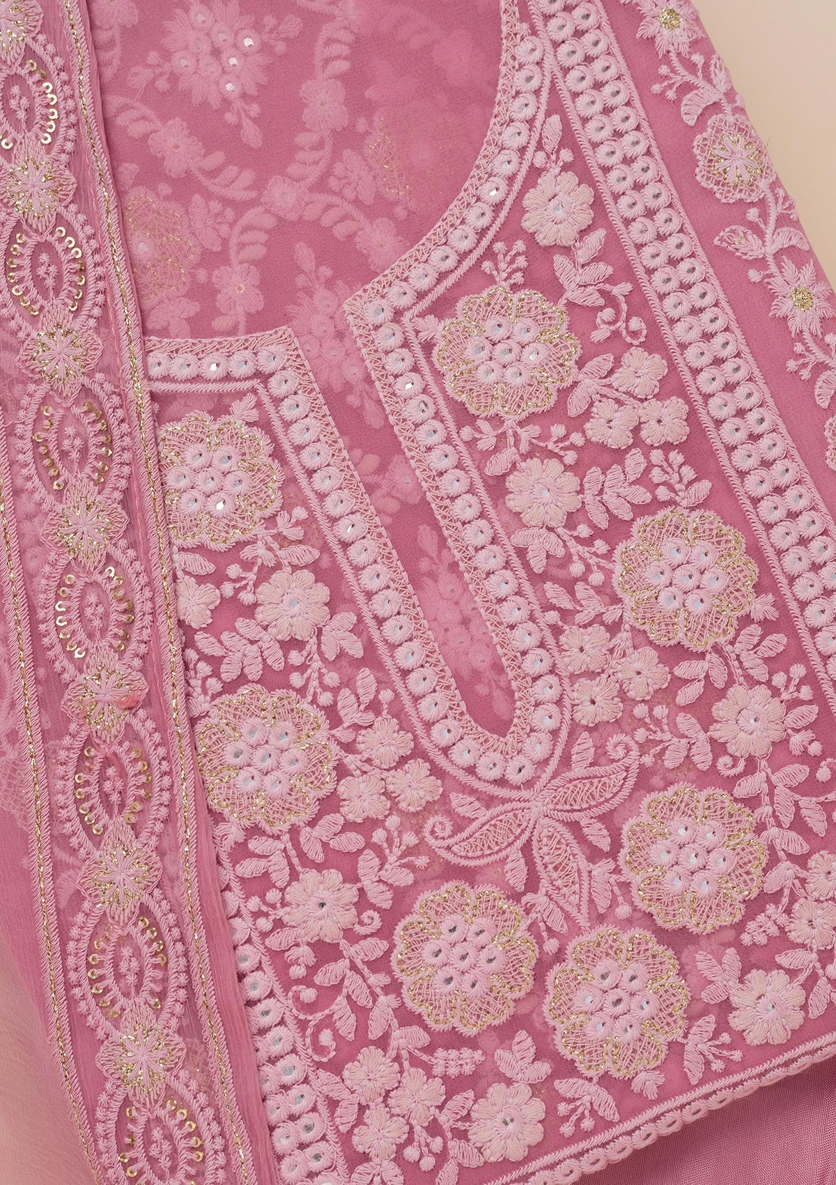Koskii Onion Pink Chikankari Georgette Unstitched Salwar Suit - view 2
