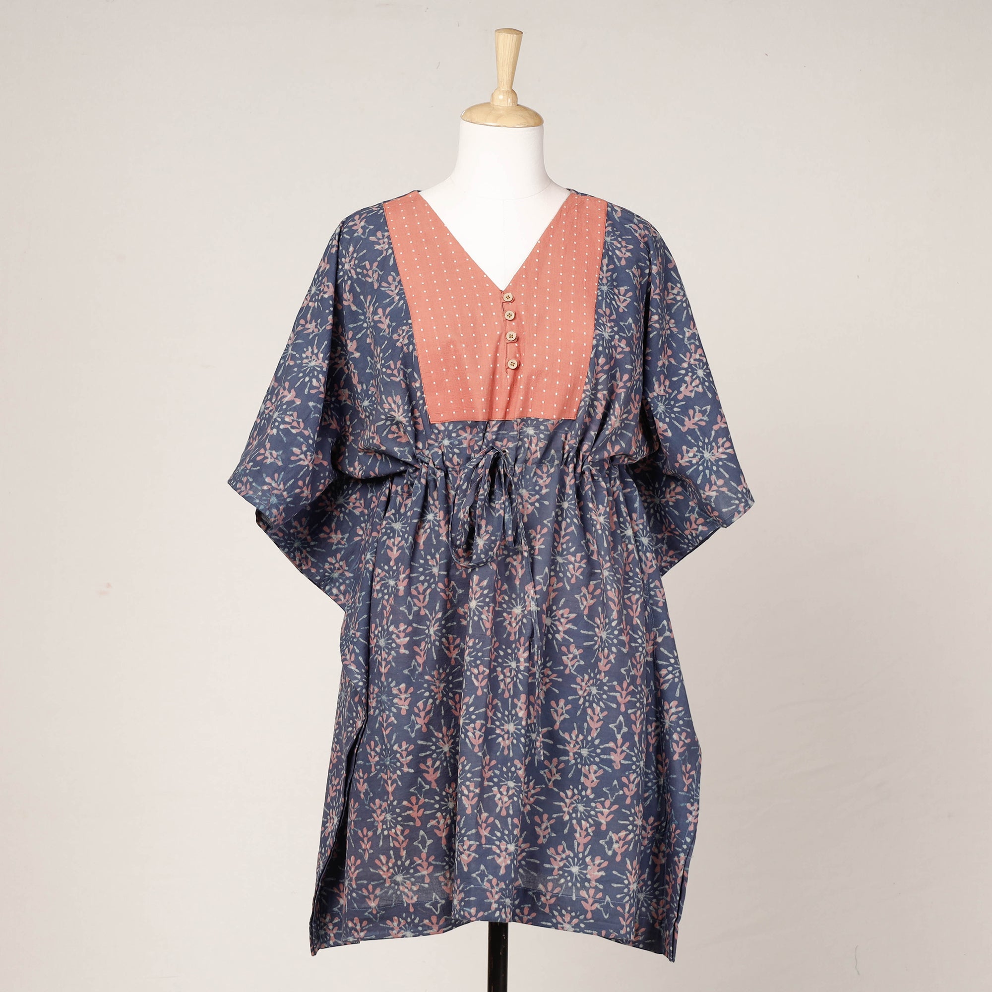 ITOKRI CASUALS Blue - Akola Block Printed Cotton Kaftan with Tie-Up Waist (Medium)
