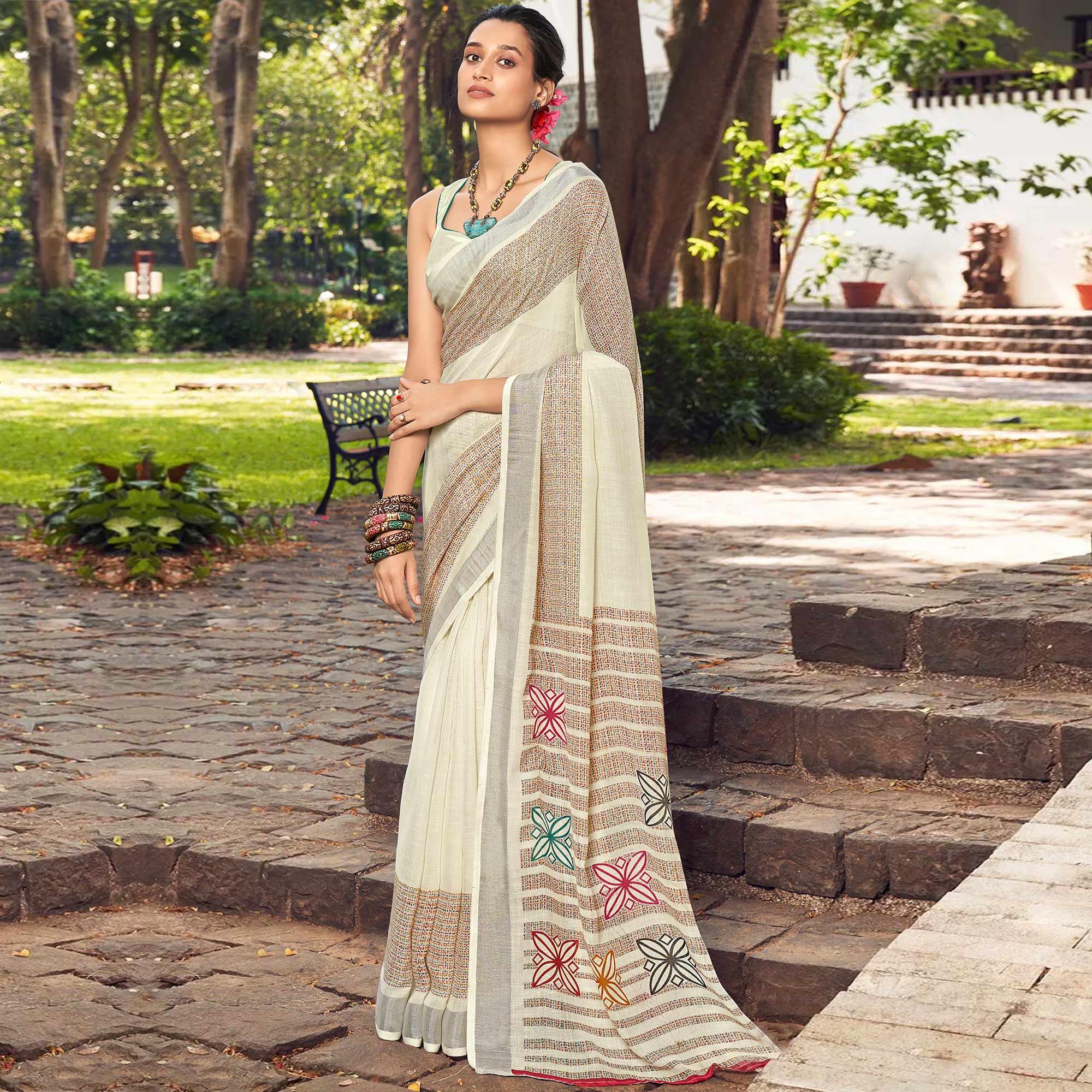 Peachmode Cream Printed Linen Saree – Women's