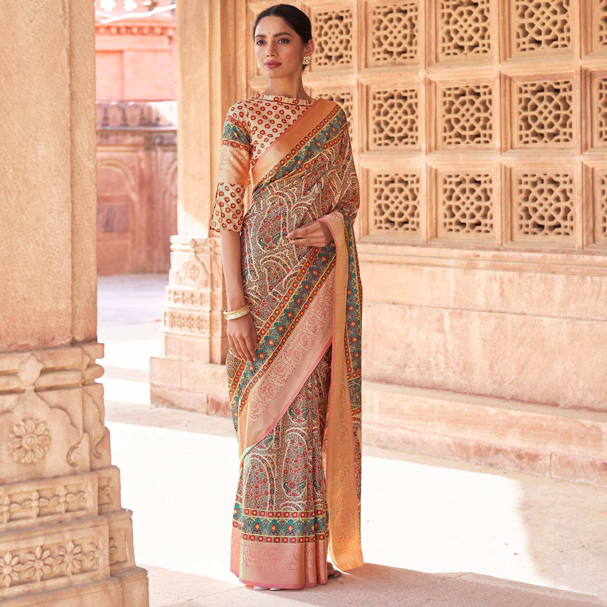 Peachmode Cream - Peach Festive Wear Digital Printed Soft Silk Saree With Viscose Zari Border