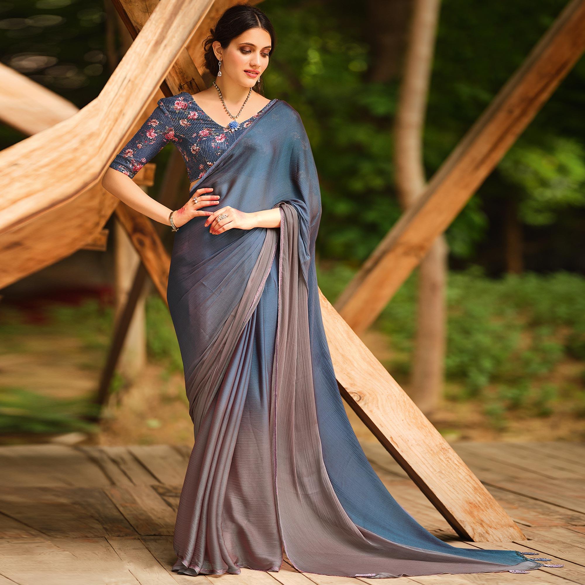 Peachmode Grey Solid Chiffon Saree – Women's