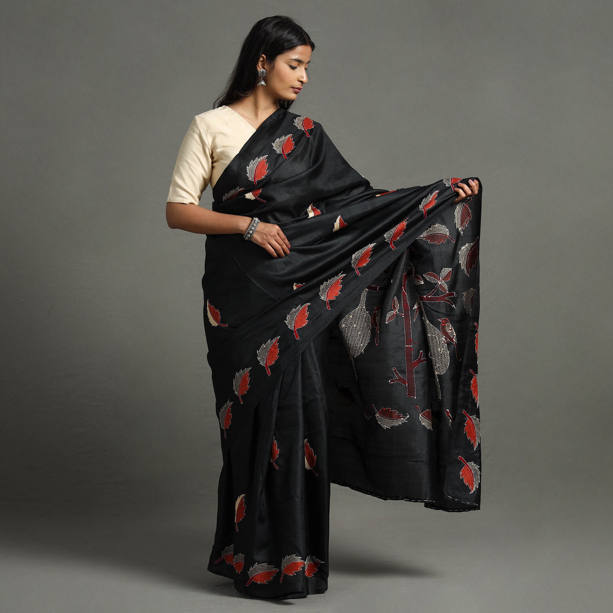 KHUSHBASH - HAPPY LOOM OF EAST Black - Bengal Kantha Embroidery Handloom Banarasi Silk Saree - view 2