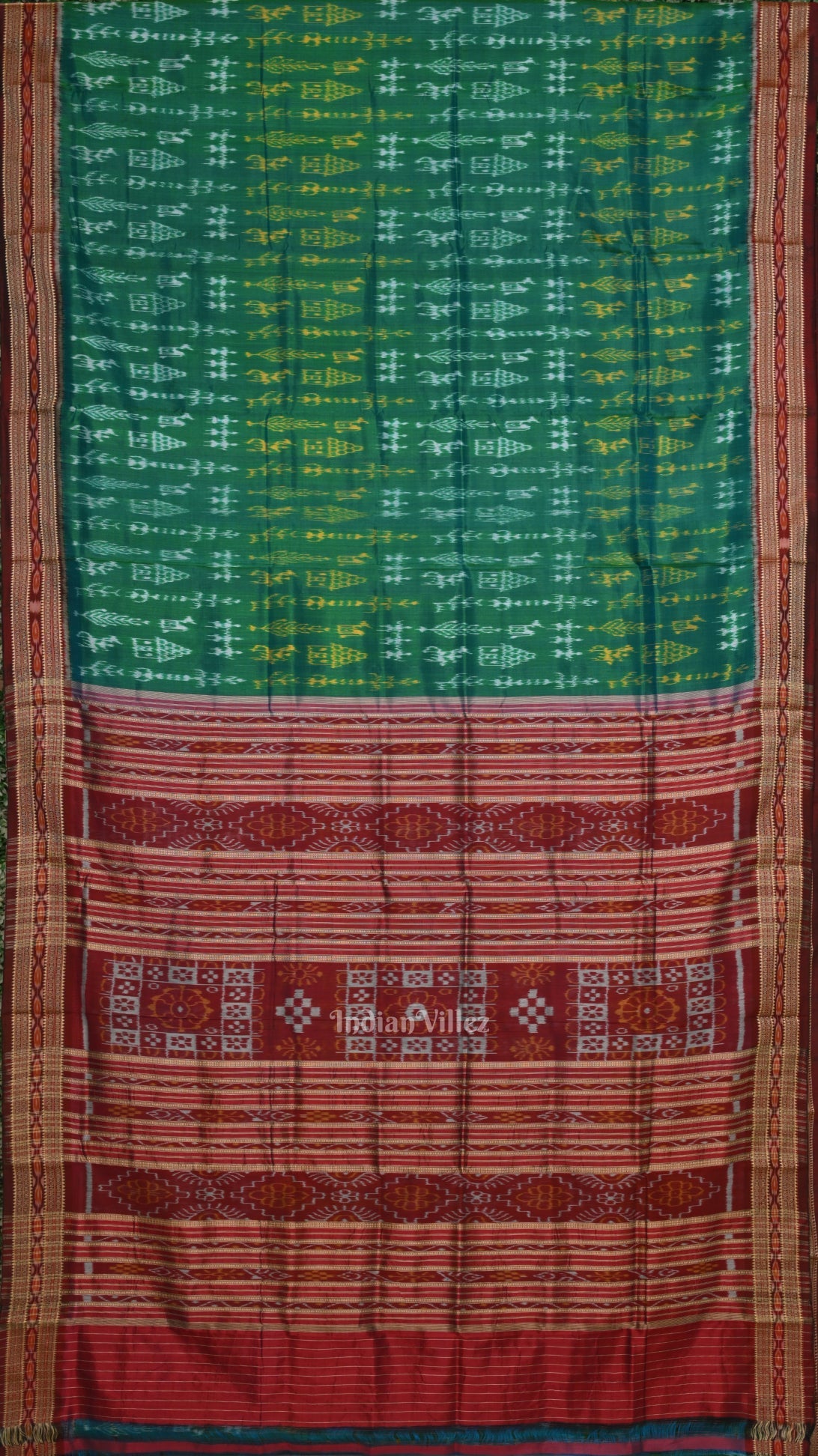 IndianVillèz Green Maroon Tribal Theme Odisha Handloom Khandua Silk Saree