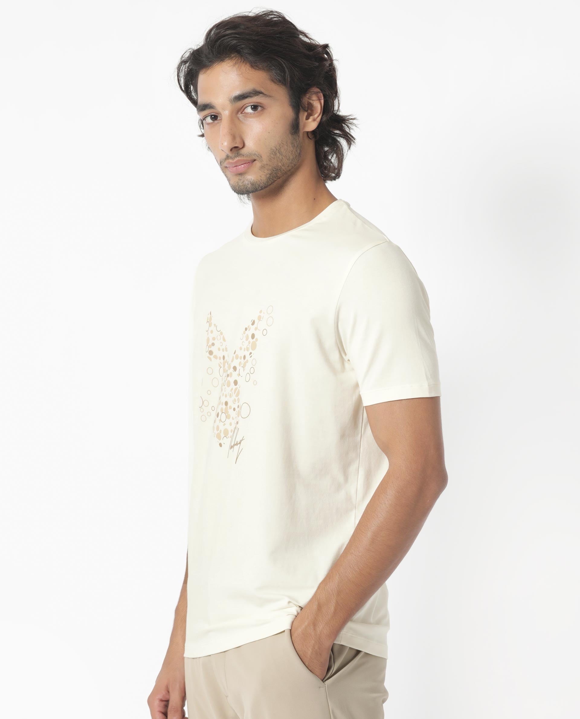 Rare Rabbit Men's Kerwin Beige Crew Neck HD Print Logo on Chest Half Sleeves Regular Fit T-Shirt - view 8