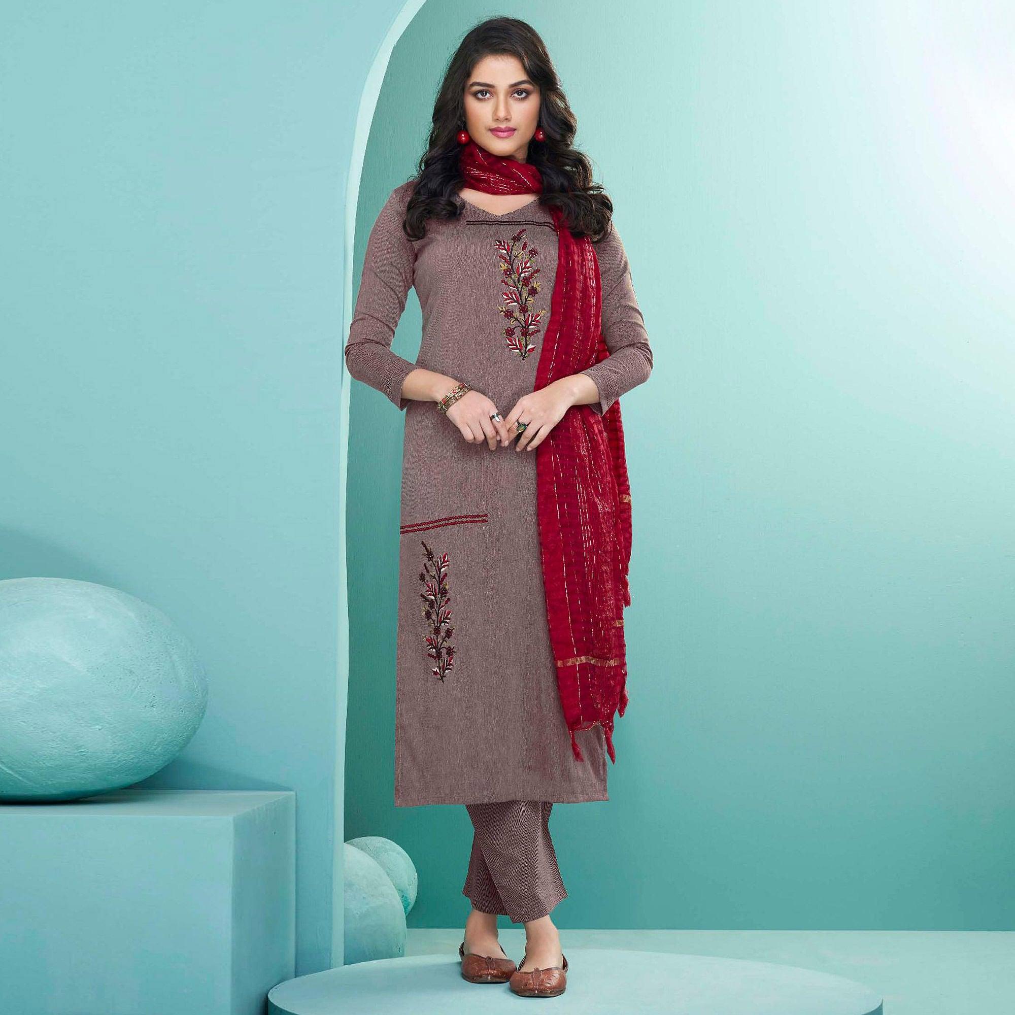 Peachmode Seller Mauve Embroidered Cotton Kurti Pant Set With Dupatta - view 5
