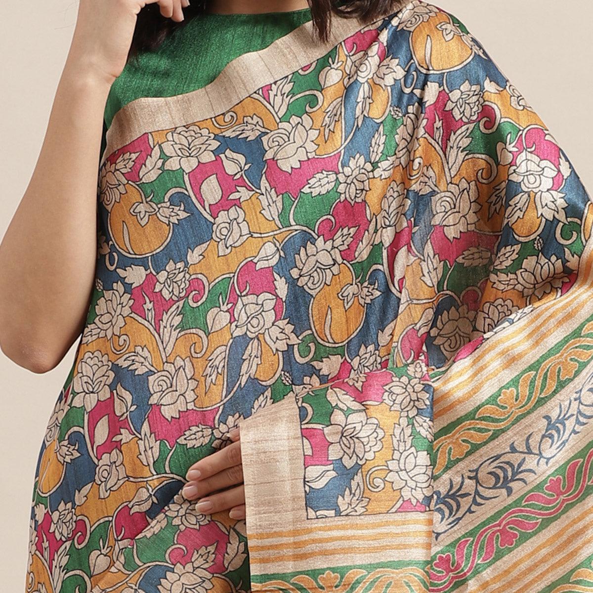Peachmode Gleaming Beige-Multi Colored Casual Wear Floral Printed Silk Blend Saree With Tassels - view 2