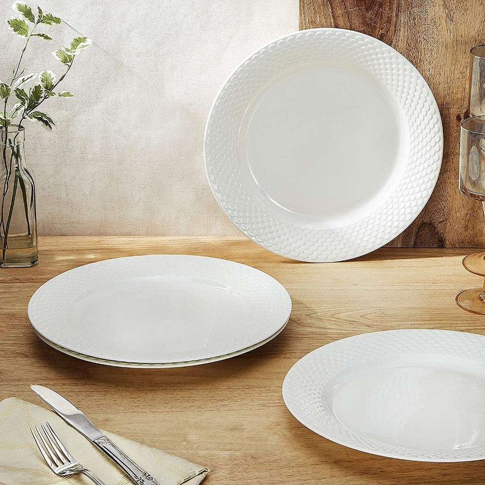 Clay Craft Ceramic Basic Quarter Plate Ripple | White | Set of 4 Pcs