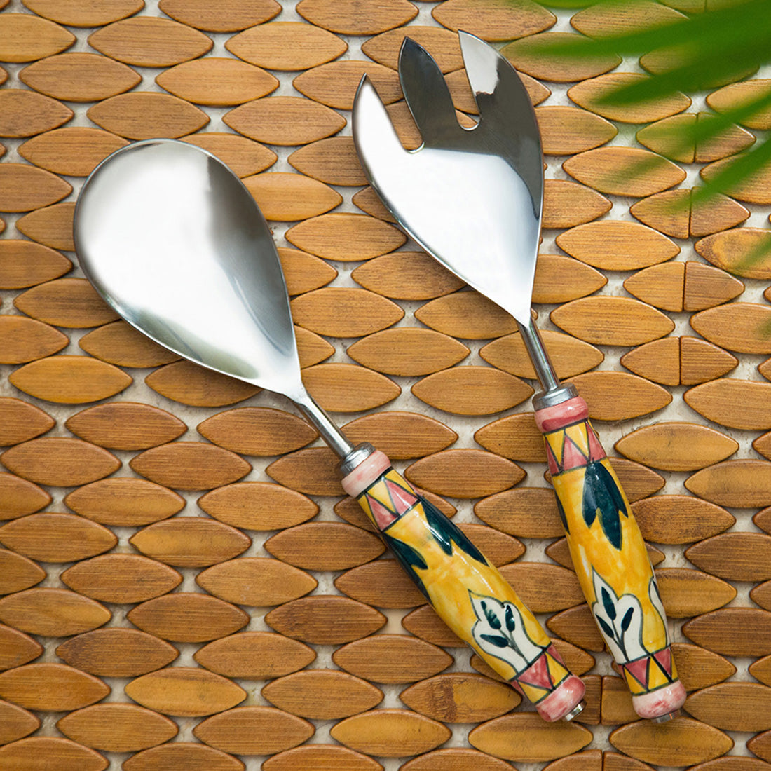 EXCLUSIVELANE 'The Mughal Patti' Handpainted Serving Spoon & Fork Set In Stainless Steel & Ceramic (Set of 2)