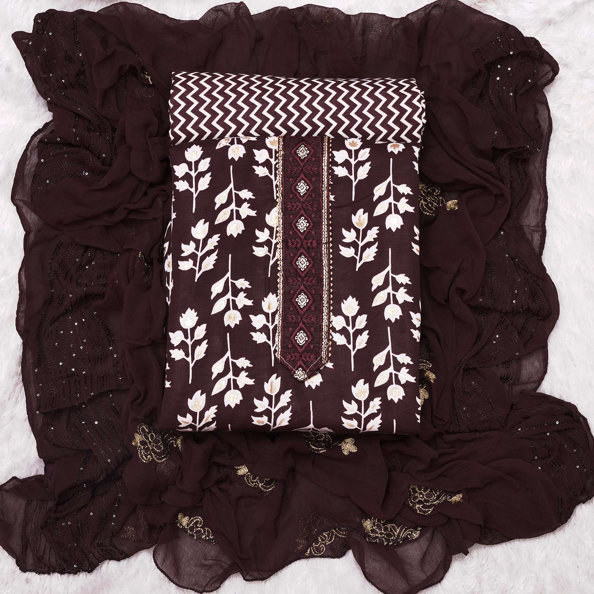 Peachmode Coffee Brown Foil Printed Cotton Blend Dress Material