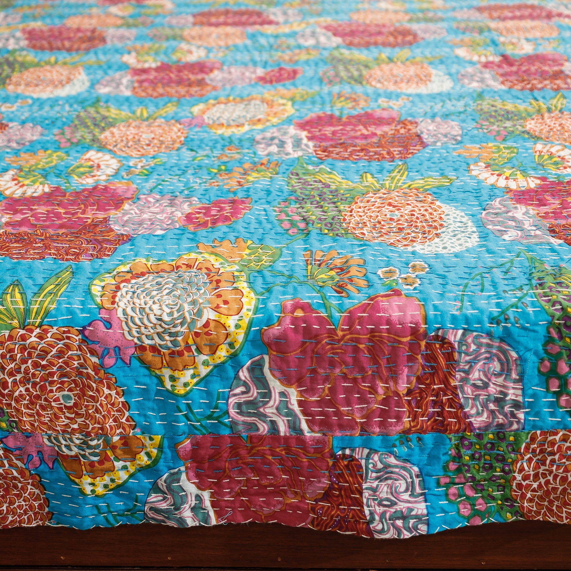 SHADES OF MARUDHARA Blue - Block Print Kantha Work Cotton Double Sanganeri Bed Sheet - view 2