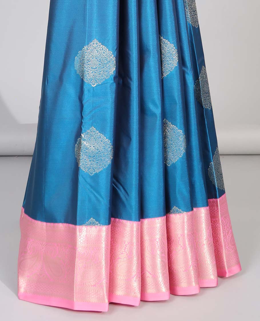 Pothys Blue floral motifs gift saree with contrast paisley border & intricate zari design pallu - view 4