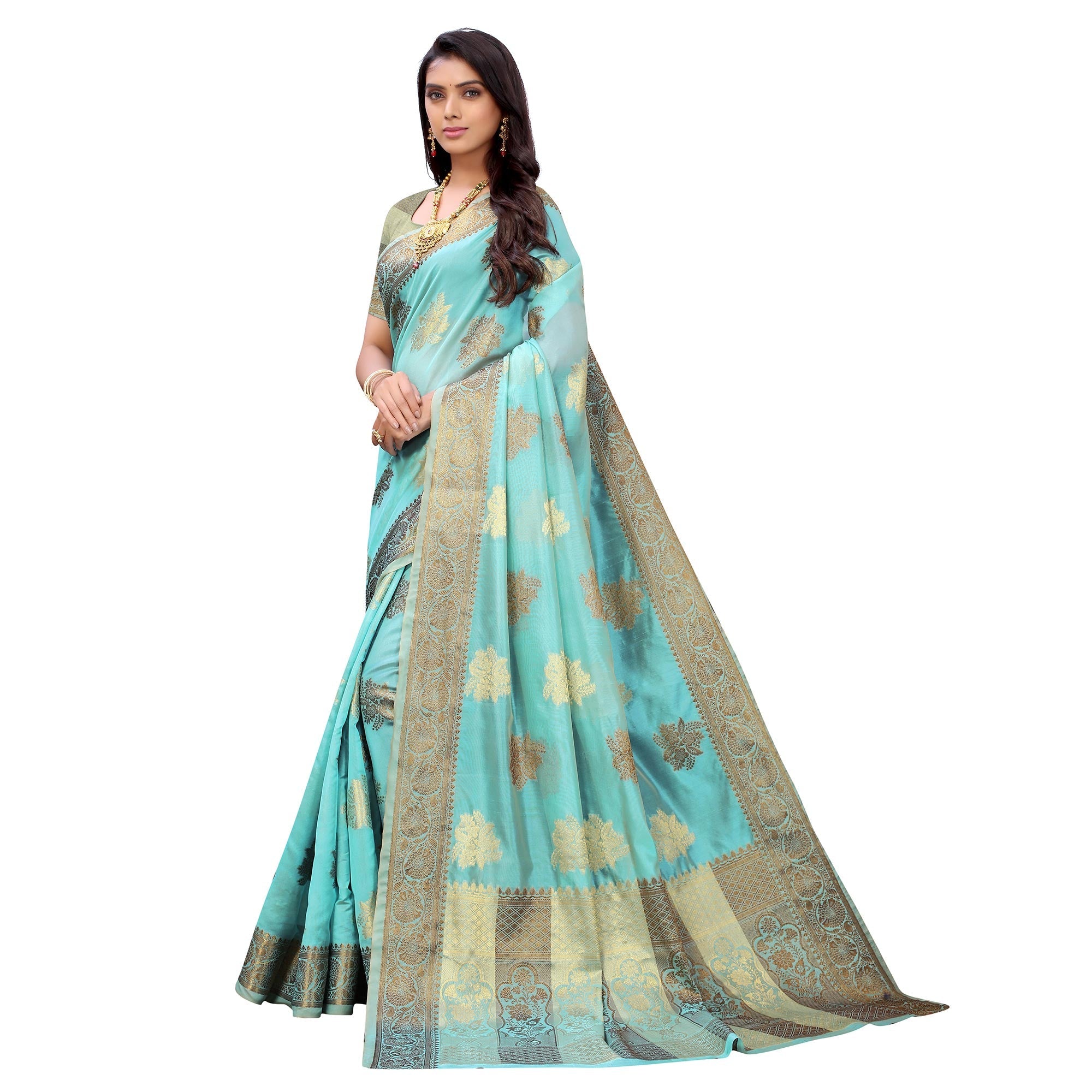 Peachmode Firozi Festive Wear Floral Woven Silk Saree - view 3