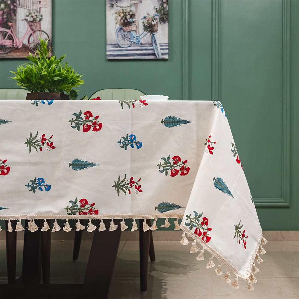 100 cotton dining – Urban Space Home Furnishing 100% Cotton Dining Table Cover, Printed Cotton Table Cloth with Boho Tassels - High Garden Red