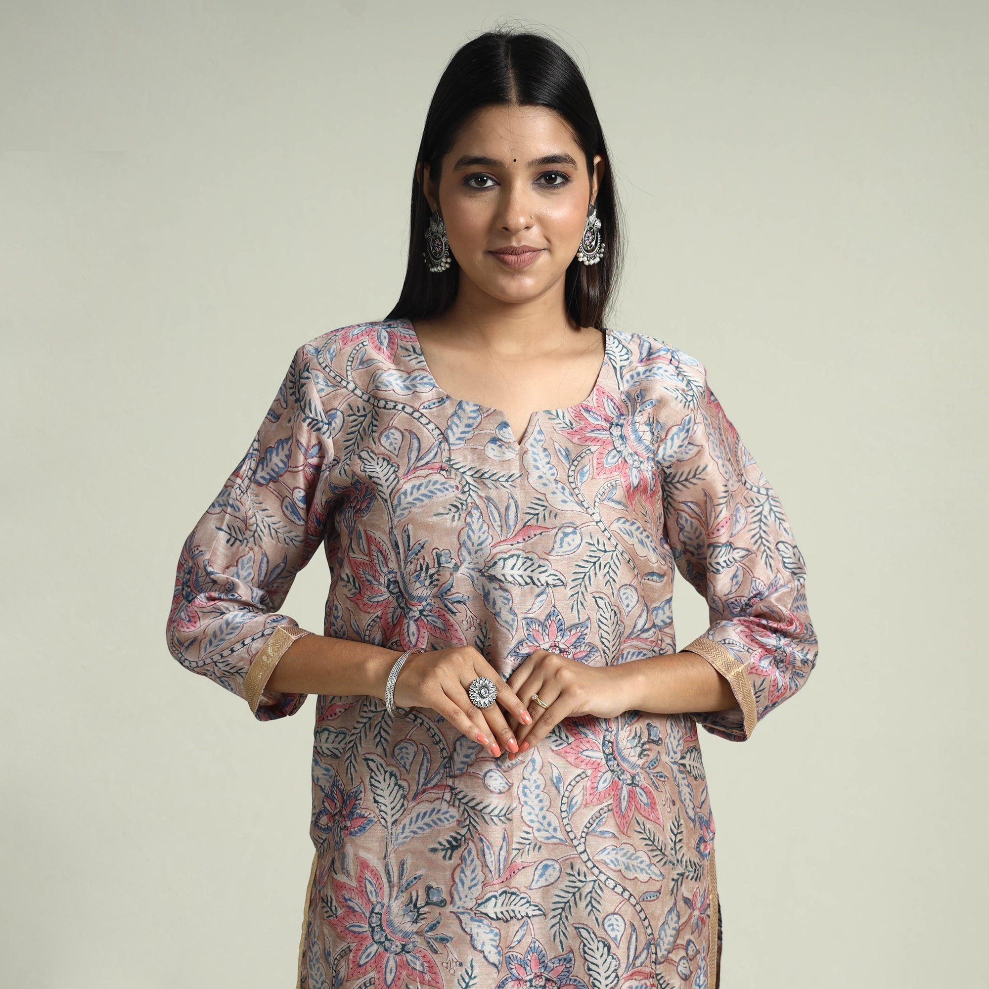ITOKRI CASUALS Brown - Sanganeri Block Printed Maheshwari Silk Kurta with Palazzo & Dupatta Set - view 5