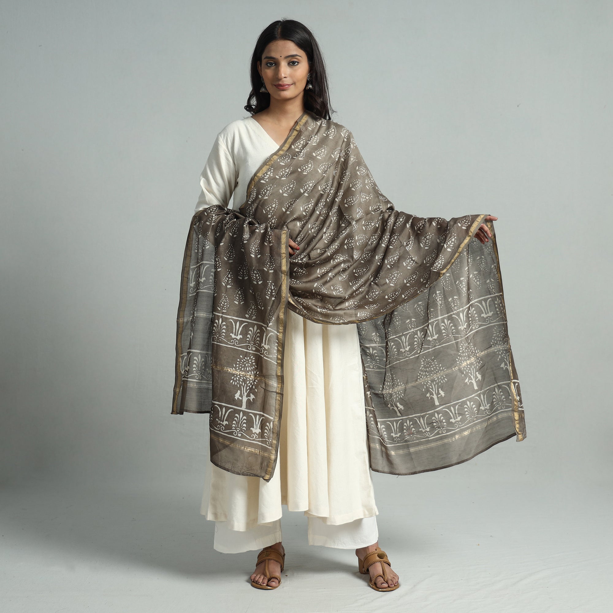 HAVELI CHRONICLES Brown - Pipad Block Printed Handloom Chanderi Silk Dupatta 77
