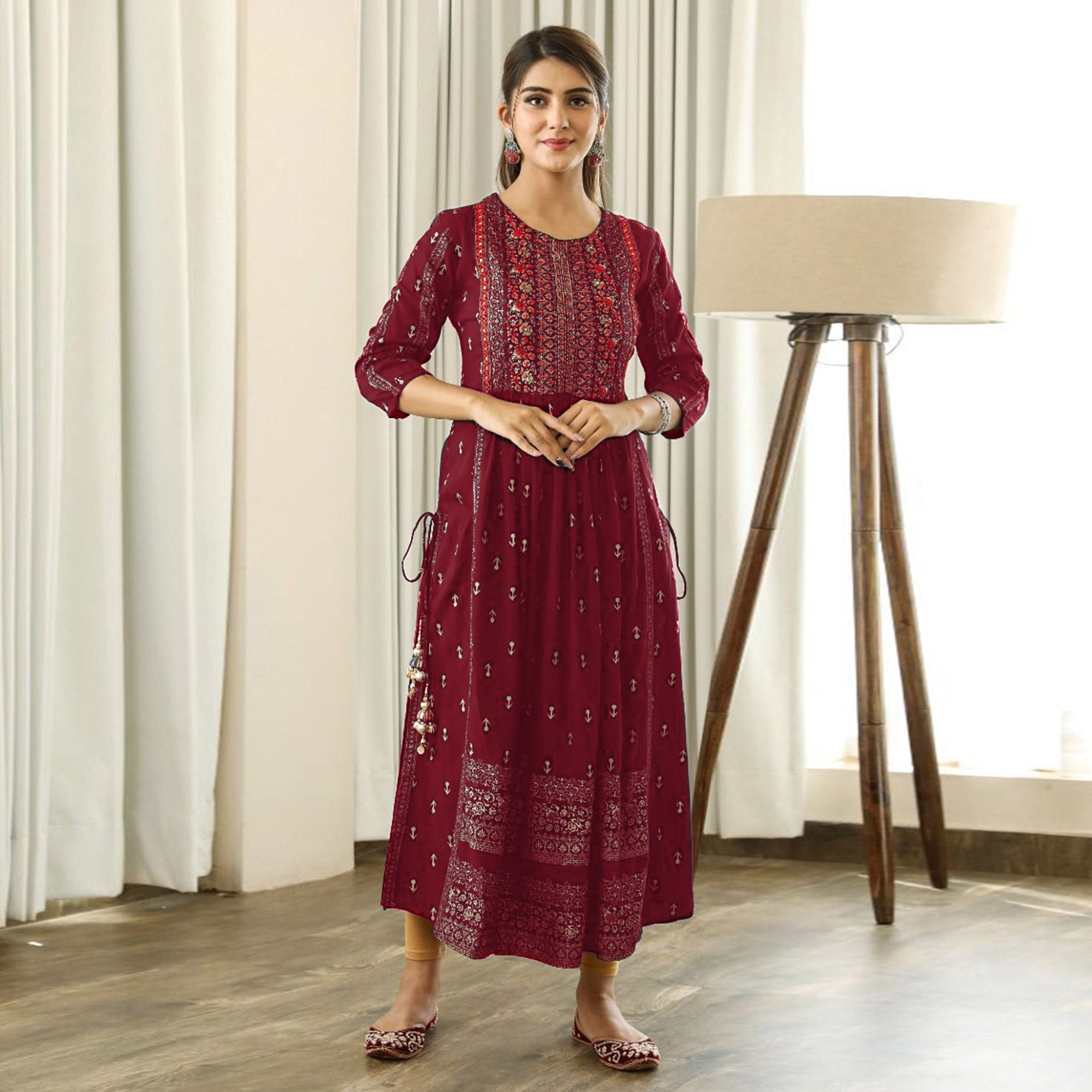 Peachmode Maroon Printed With Embroidered Rayon Naira Cut Kurti - view 2