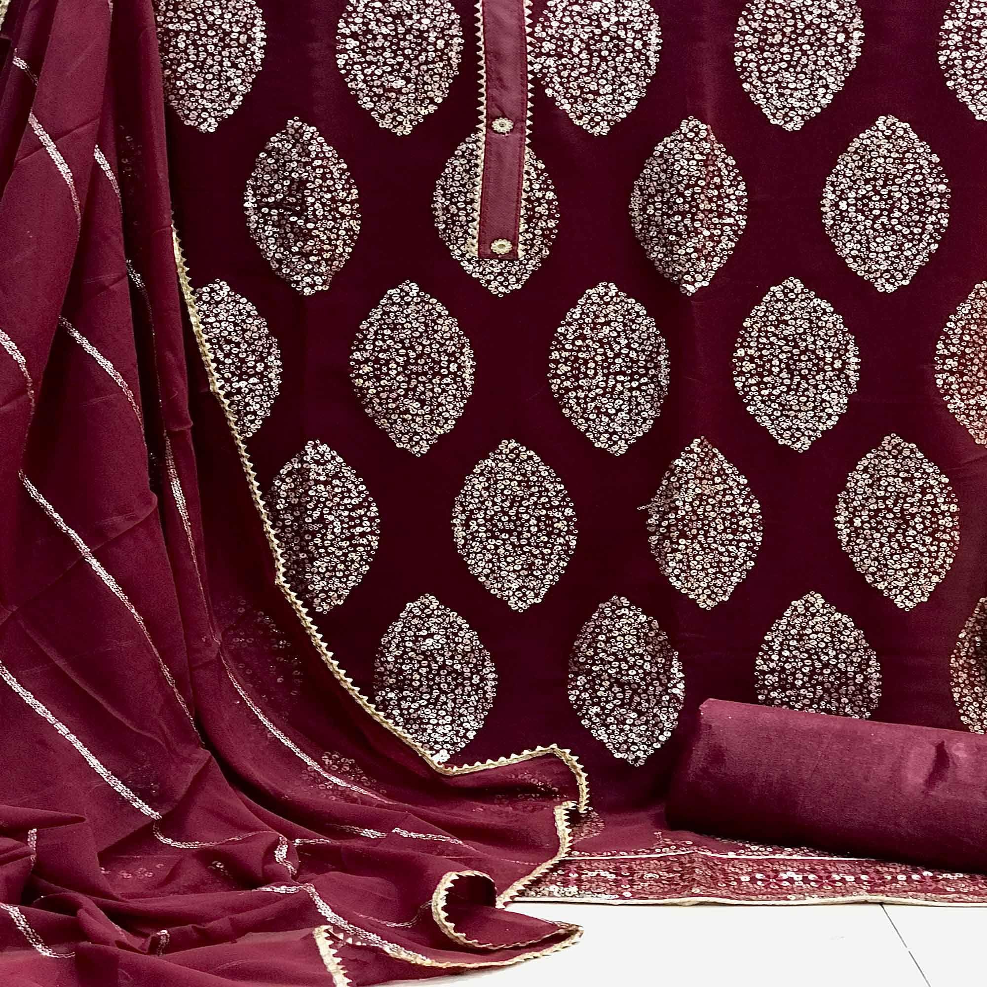 Peachmode Maroon Sequins Embroidered Georgette Dress Material - view 2