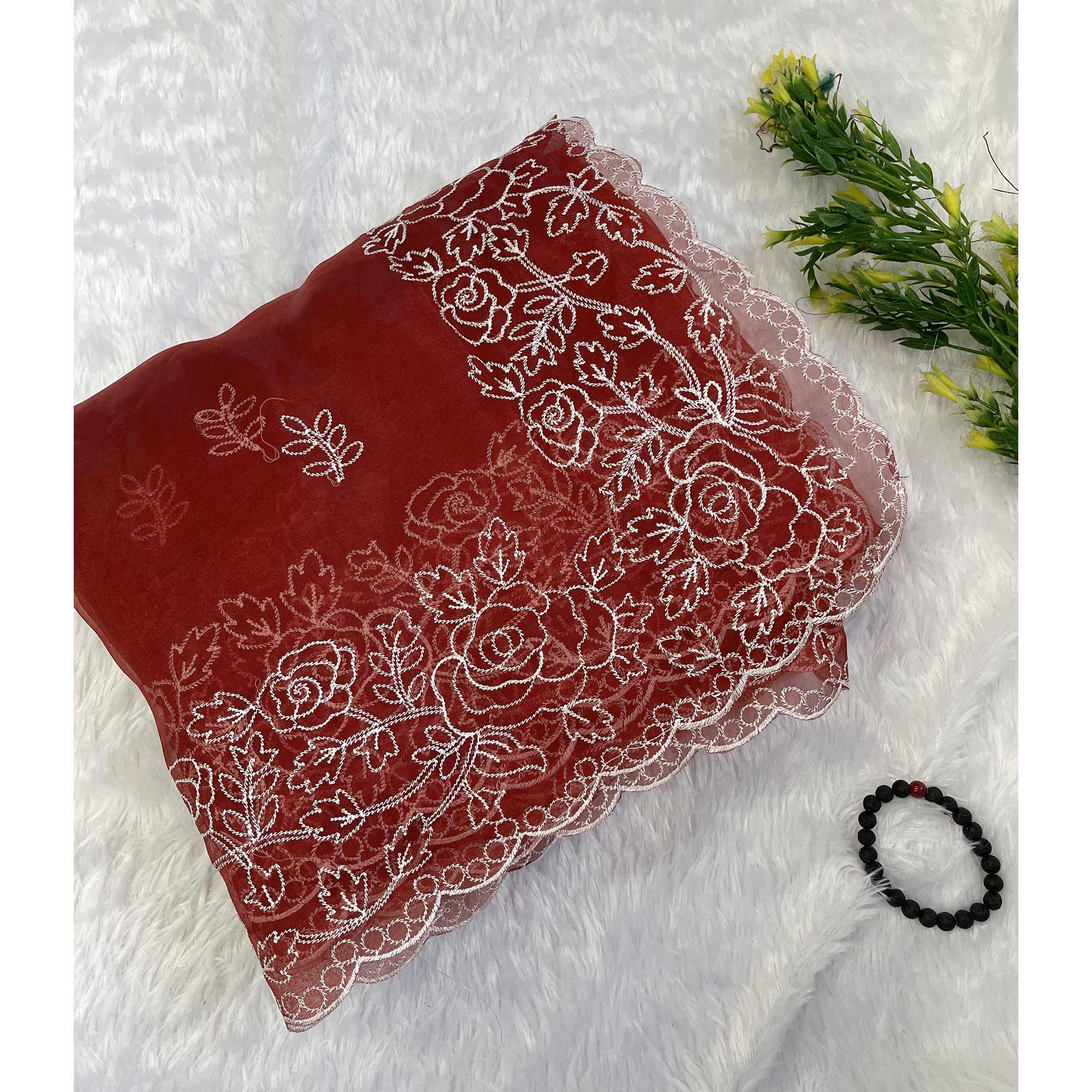Peachmode Maroon Floral Embroidered Organza Saree - view 3