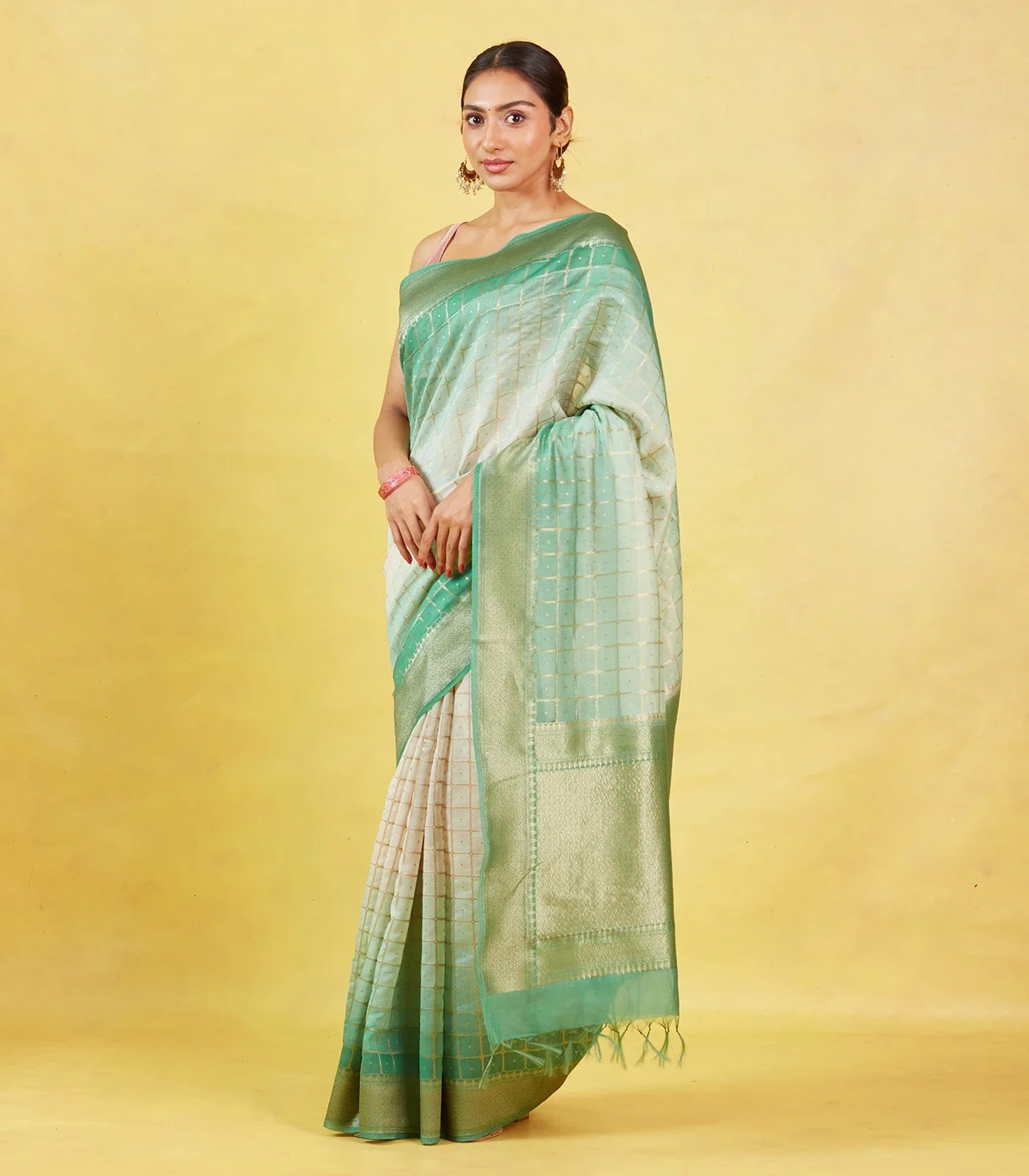 RmKV Off White Handloom Banarasi Silk Cotton Saree With Zari Checks