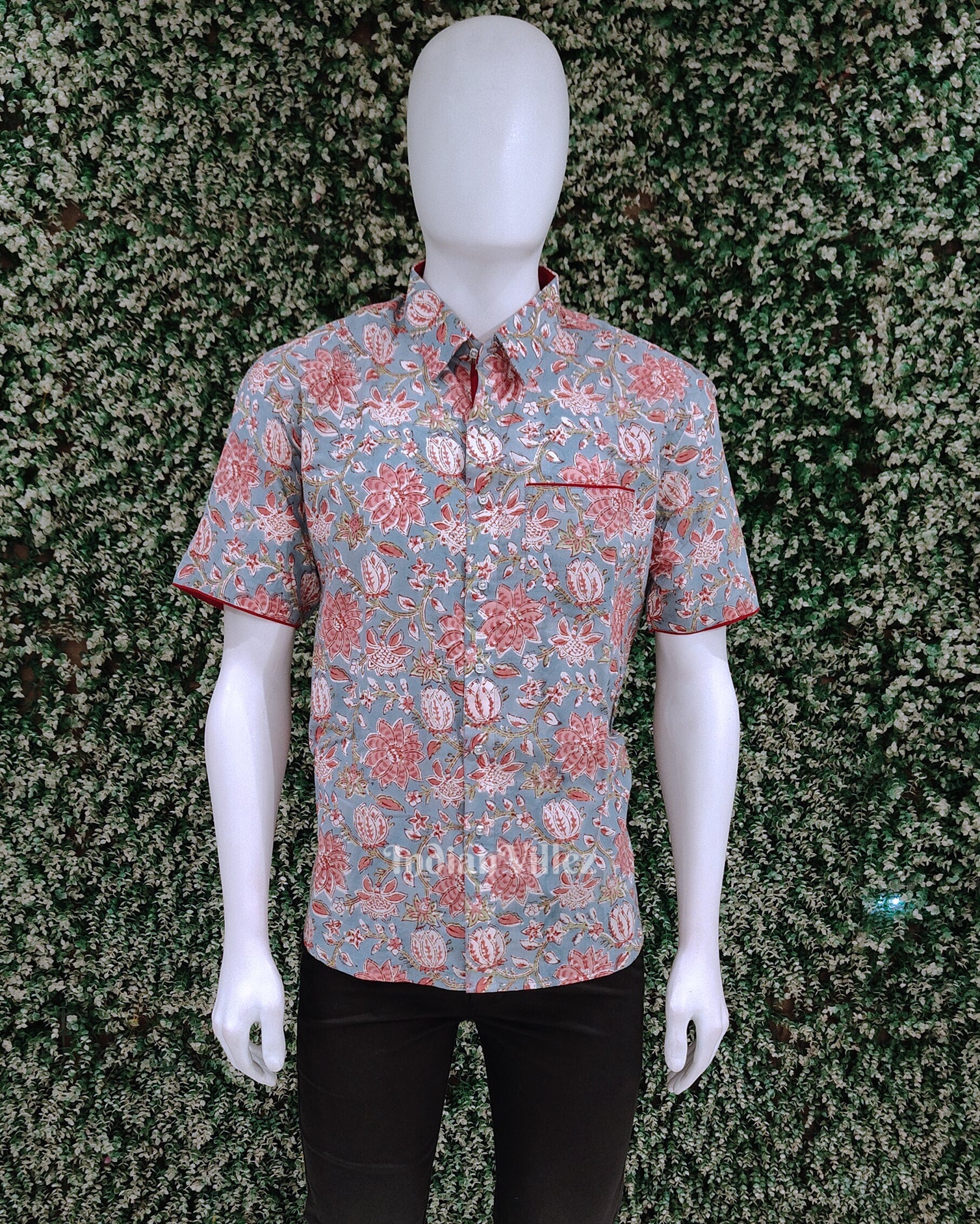 IndianVillèz Light Blue Cotton Block Printed Half Sleeve Shirt for Men