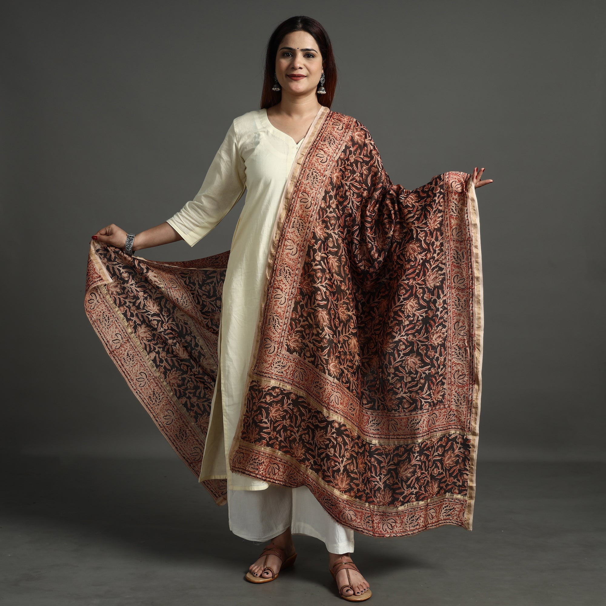 PITCHUKA SRINIVAS KALAMKARI PEDANA Black - Pedana Kalamkari Block Printed Handloom Chanderi Silk Dupatta with Zari Border 65