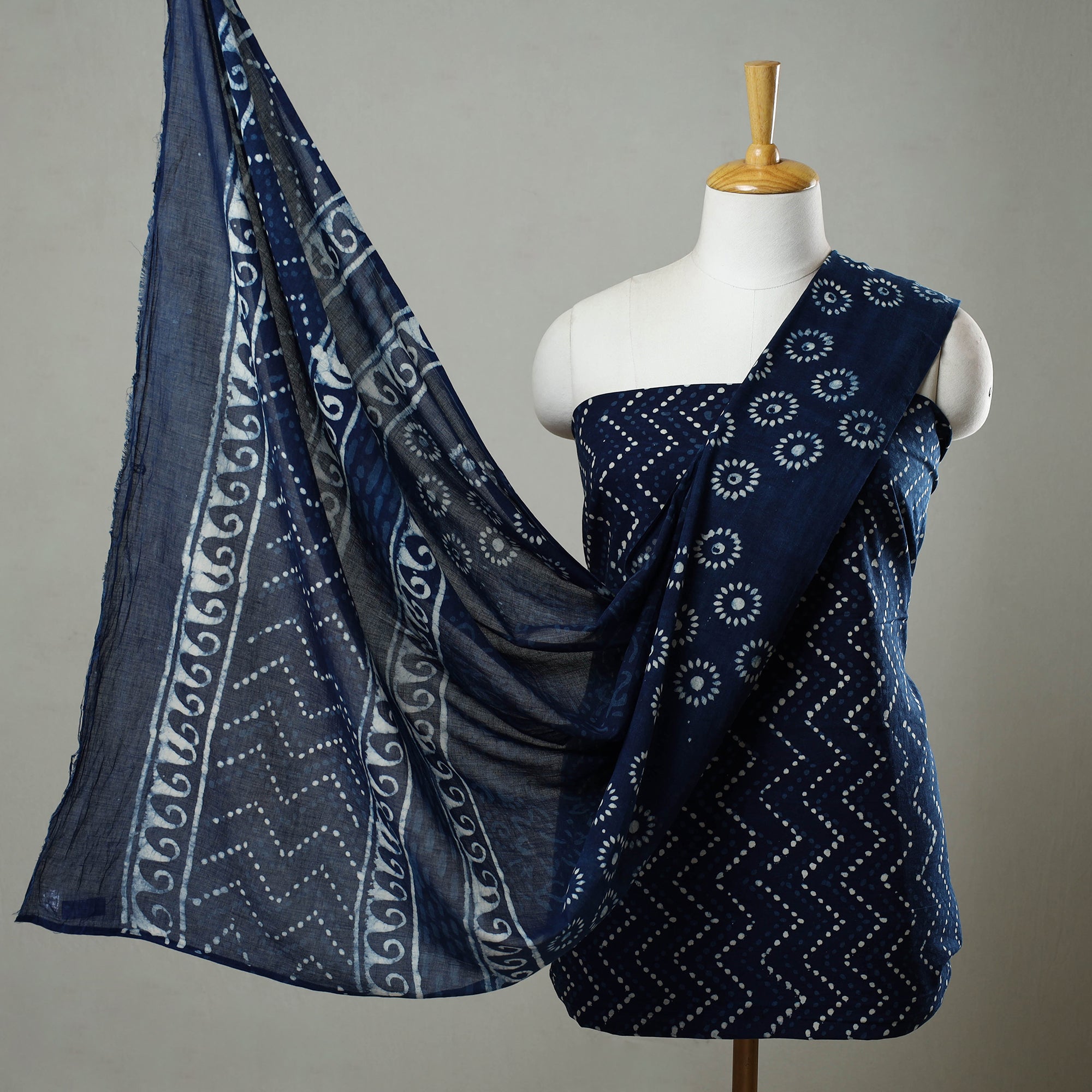 ARTISAN HAND BLOCK PRINTS Blue - 3pc Cotton Indigo Bagru Print Dress Material Set 10