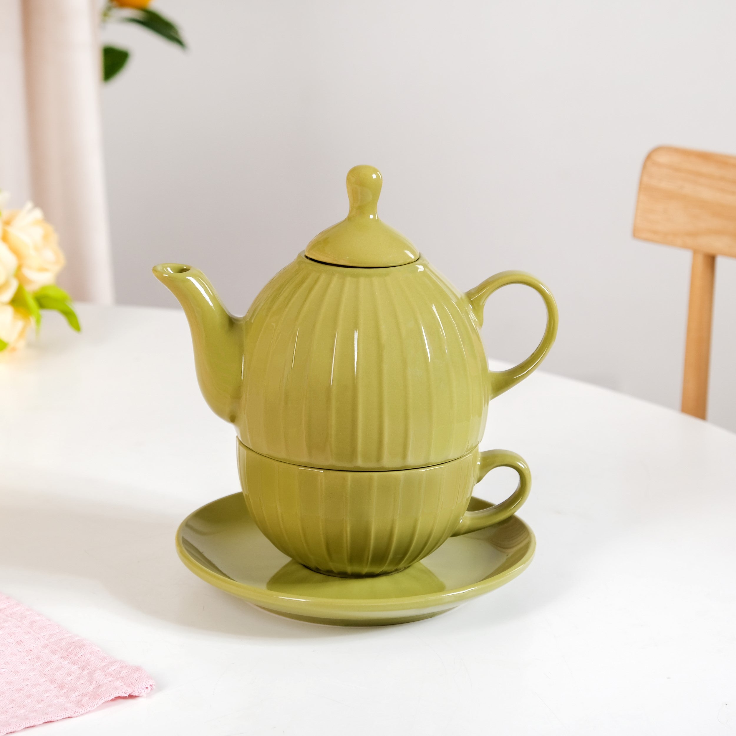 Nestasia Stackable Ambrosia Teapot And Cup With Saucer Olive Green - view 3