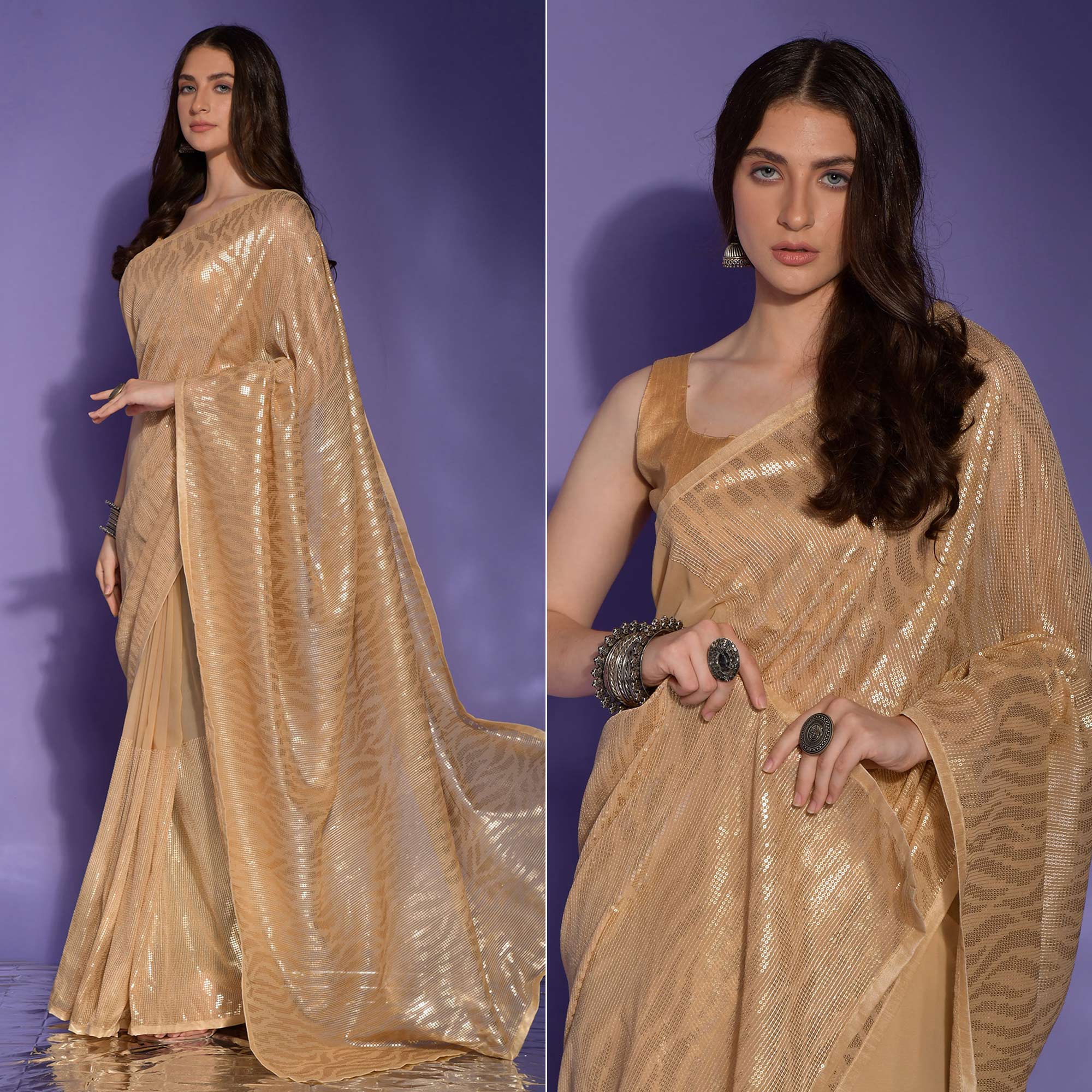 Peachmode Cream Sequins Embroidered Georgette Saree