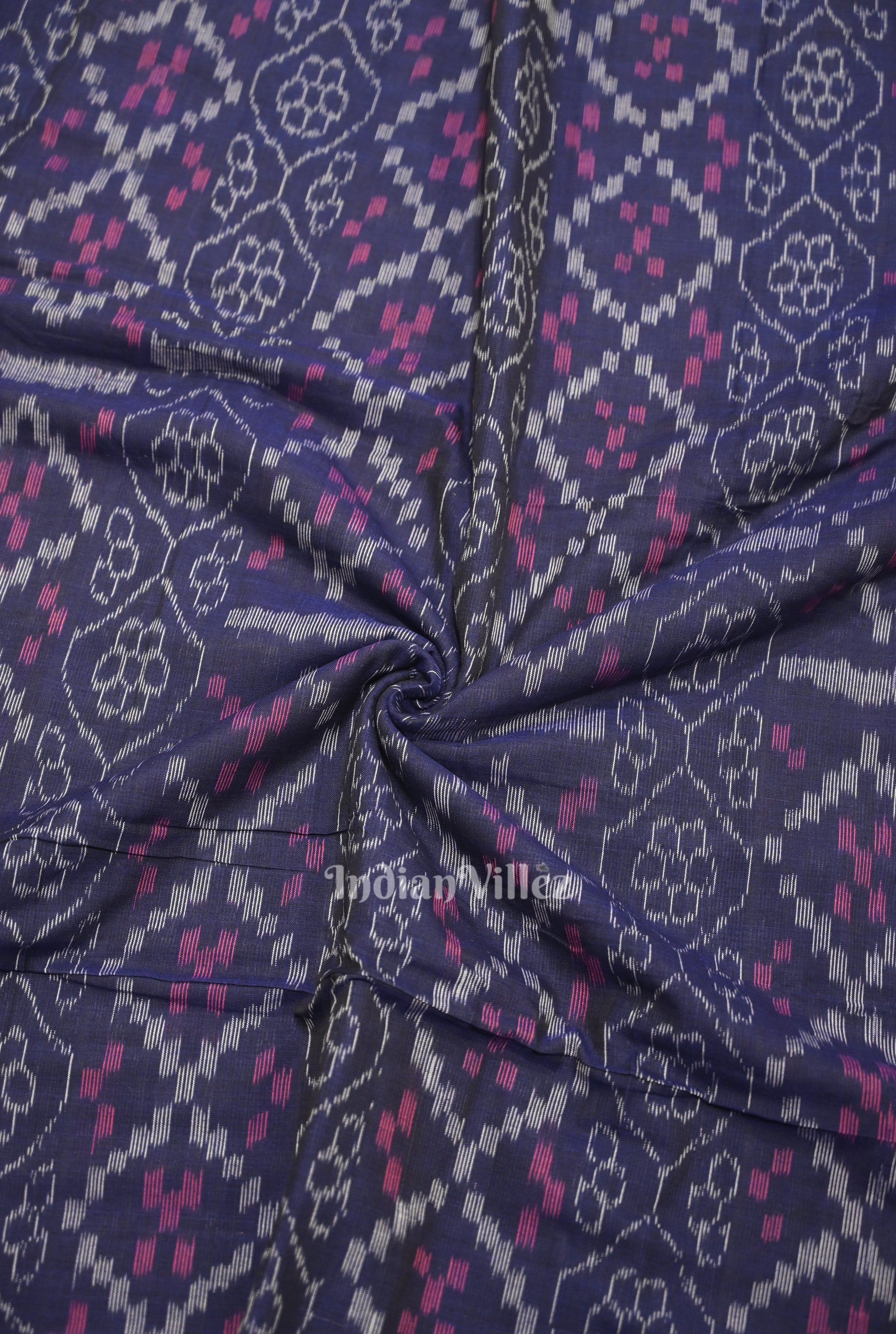 IndianVillèz Blue Flower Pasapali Design Sambalpuri Odisha Ikat Cotton Fabric