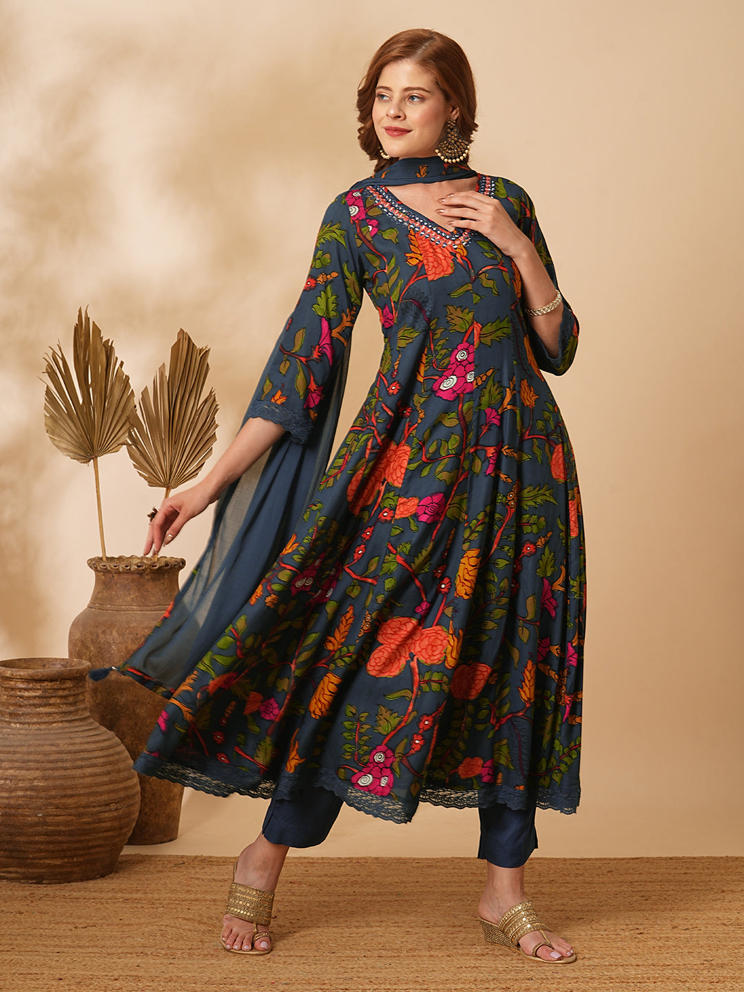 Fashor Floral Printed Mirror Embroidered Anarkali with Pant & Dupatta - Sea Green - view 5