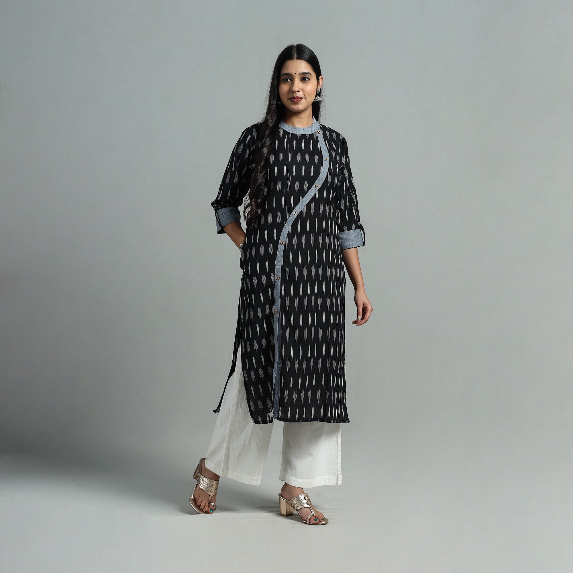 DARAM Black - Angrakha Cotton Straight Pochampally Ikat Kurta 09 - view 4