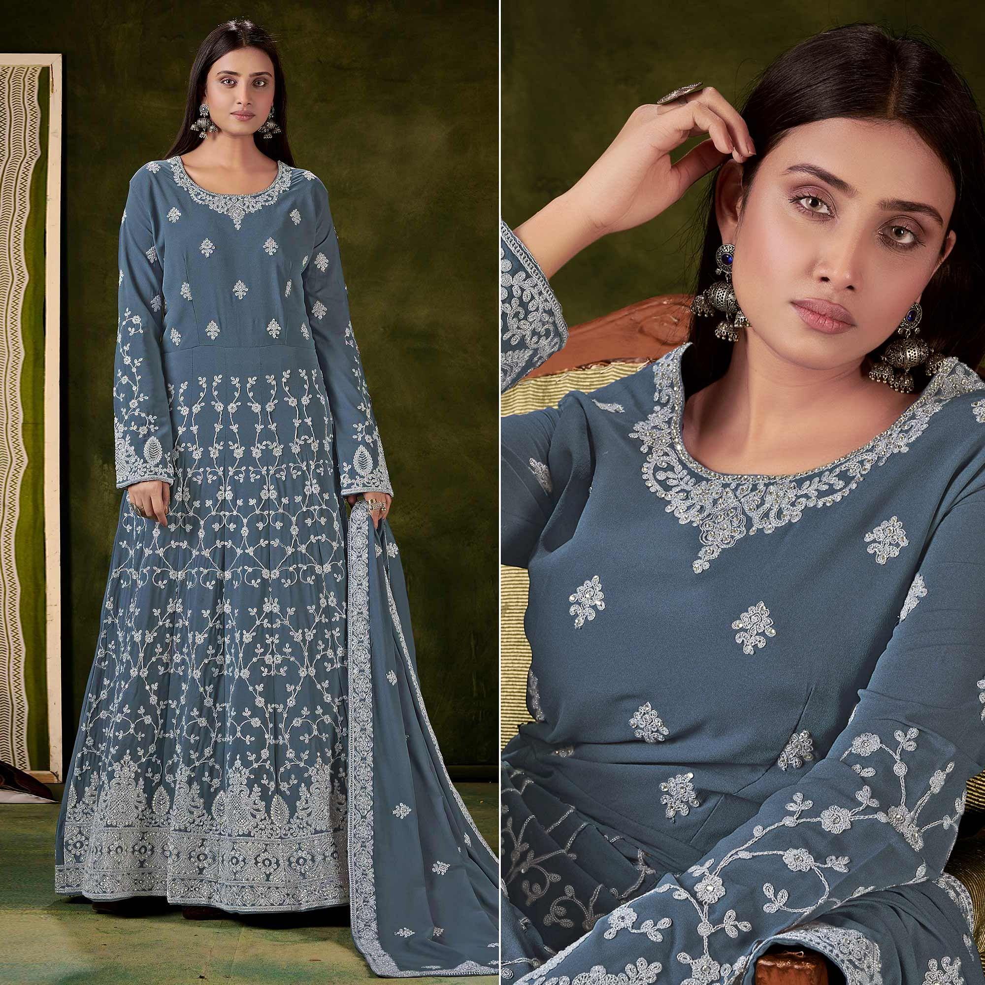 Peachmode Seller Grey Partywear Embroidered With Embellished Georgette Gown