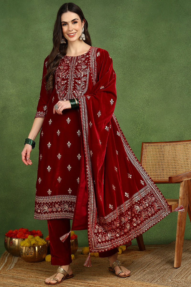 Ahika Red Velvet Ethnic Motifs Printed Straight Suit Set PKSKD2767 - view 2