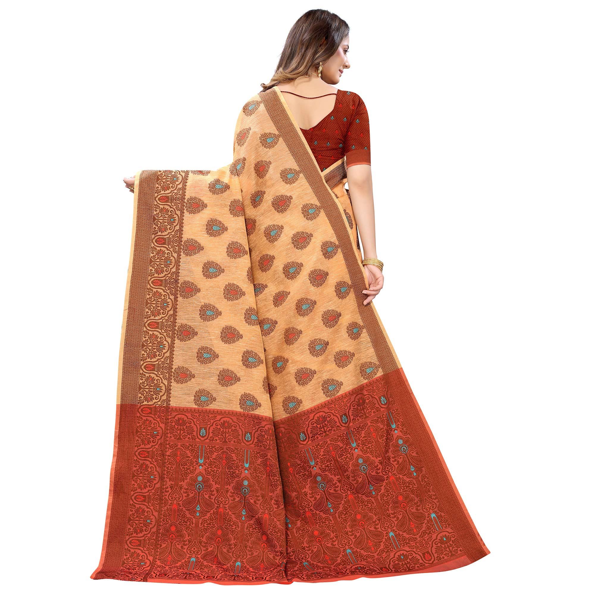 Peachmode Light Orange Festive Wear Woven With Meena Butta Rich Pallu Cotton Saree - view 3