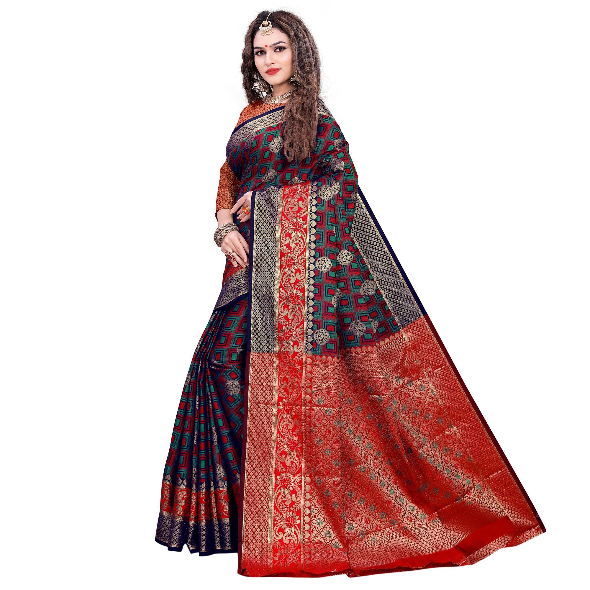 BlackTree glowing-navy-blue-red-colored-festive-wear-woven-cotton-silk-jacquard-saree-45022 - view 3