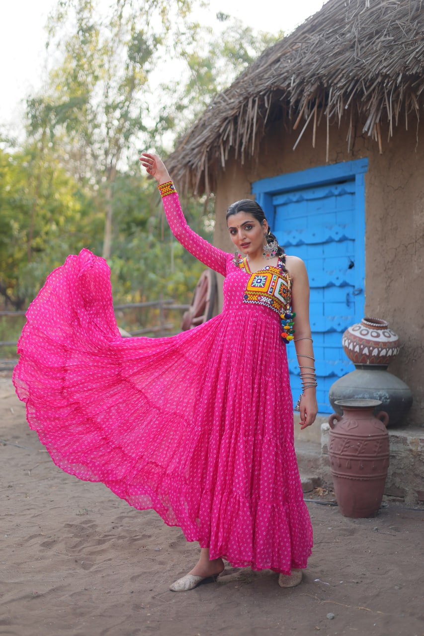 ClothsVilla.com Pink Elegant Bandhani Print Faux Georgette Gown with Kutchi Patchwork
