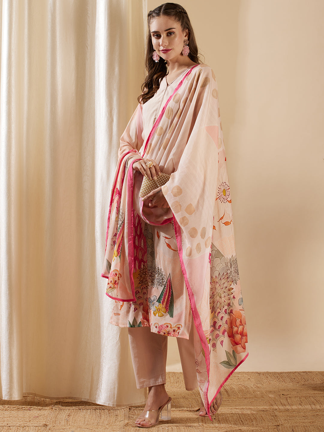 Fashor Floral Abstract Printed & Embroidered Straight Kurta with Pant & Dupatta - Rose Gold - view 2
