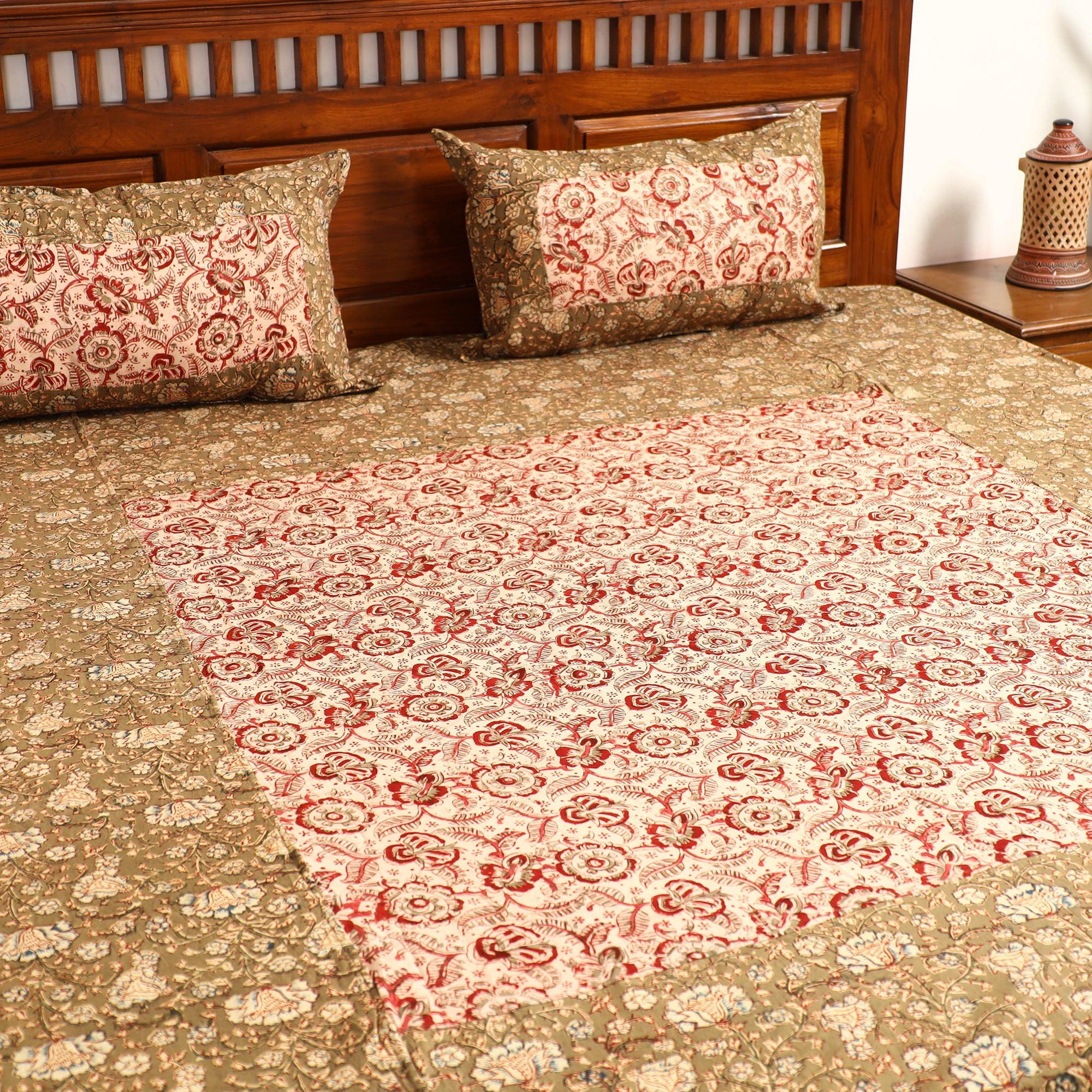 NOORI BAZAR Brown - Kalamkari Block Printed Patchwork Cotton Double Bed Cover With Pillow Covers (108 x 90 in) - view 3